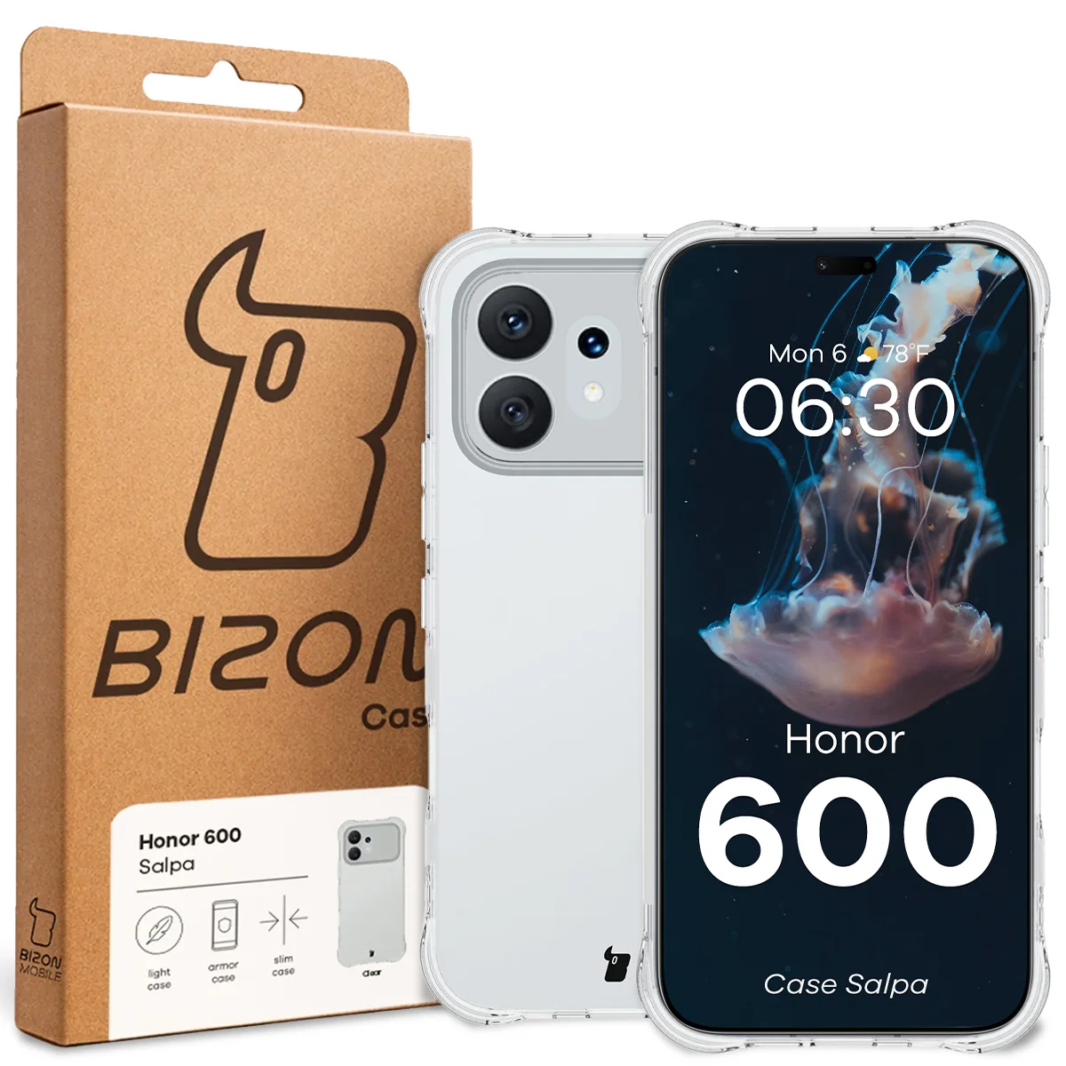 Przód pudełka Bizon Case z dedykowaną etykietą do Honor 600 5G