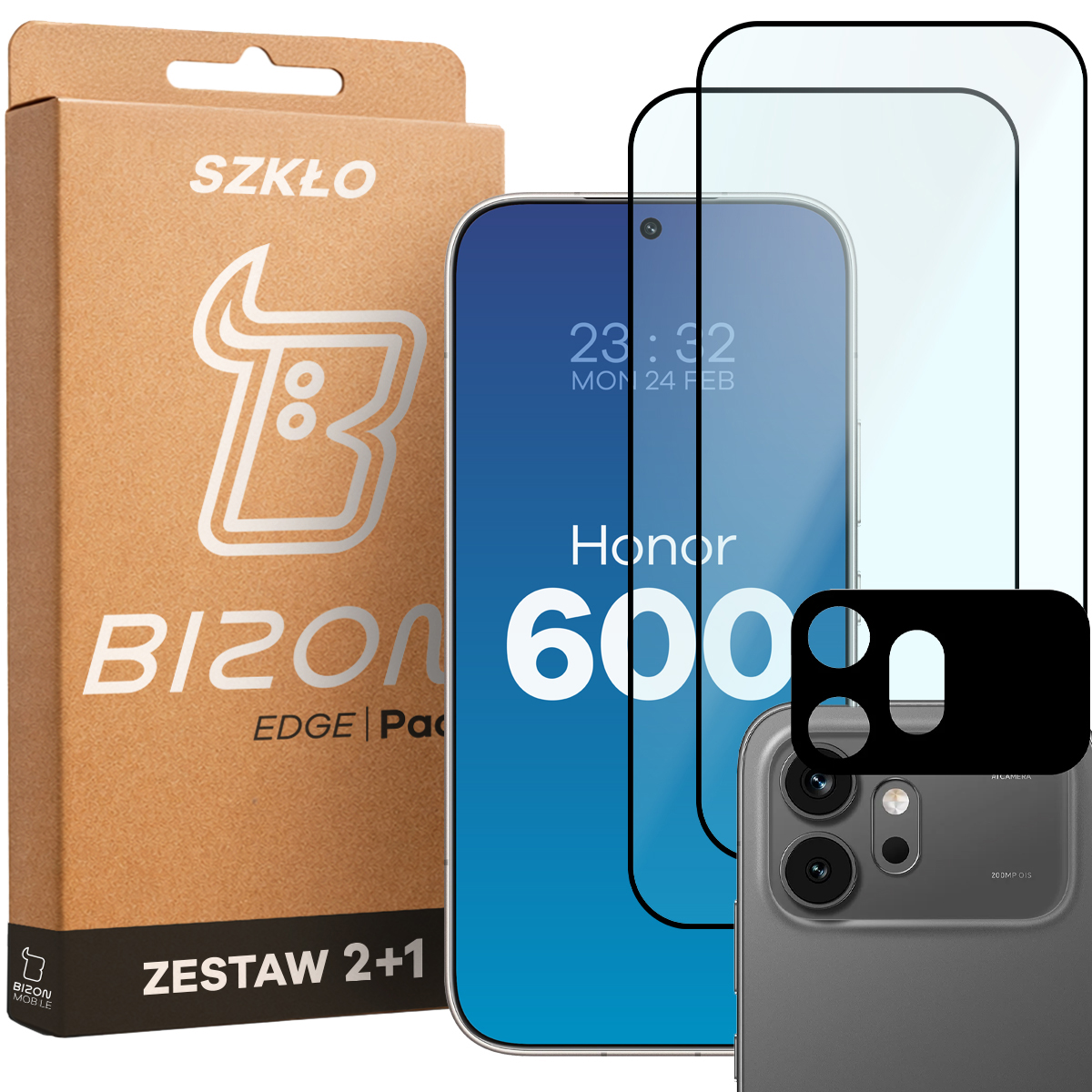 Pudełko i zestaw szkieł do Honor 600 5G: 2x szkło hartowane i lens