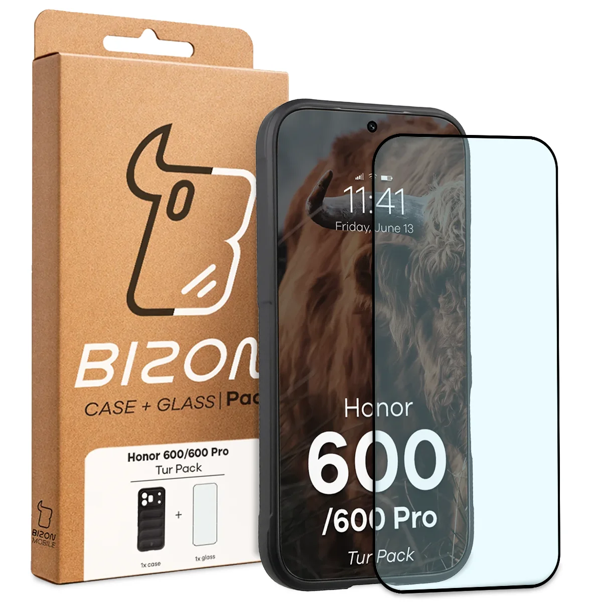Przód pudełka Bizon Tur Pack z dedykowaną etykietą do Honor 600 5G / 600 Pro 5G