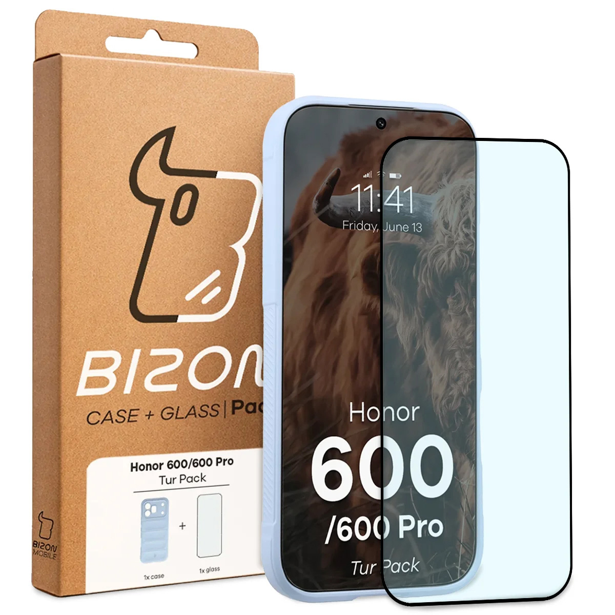 Przód pudełka Bizon Tur Pack z dedykowaną etykietą do Honor 600 5G / 600 Pro 5G