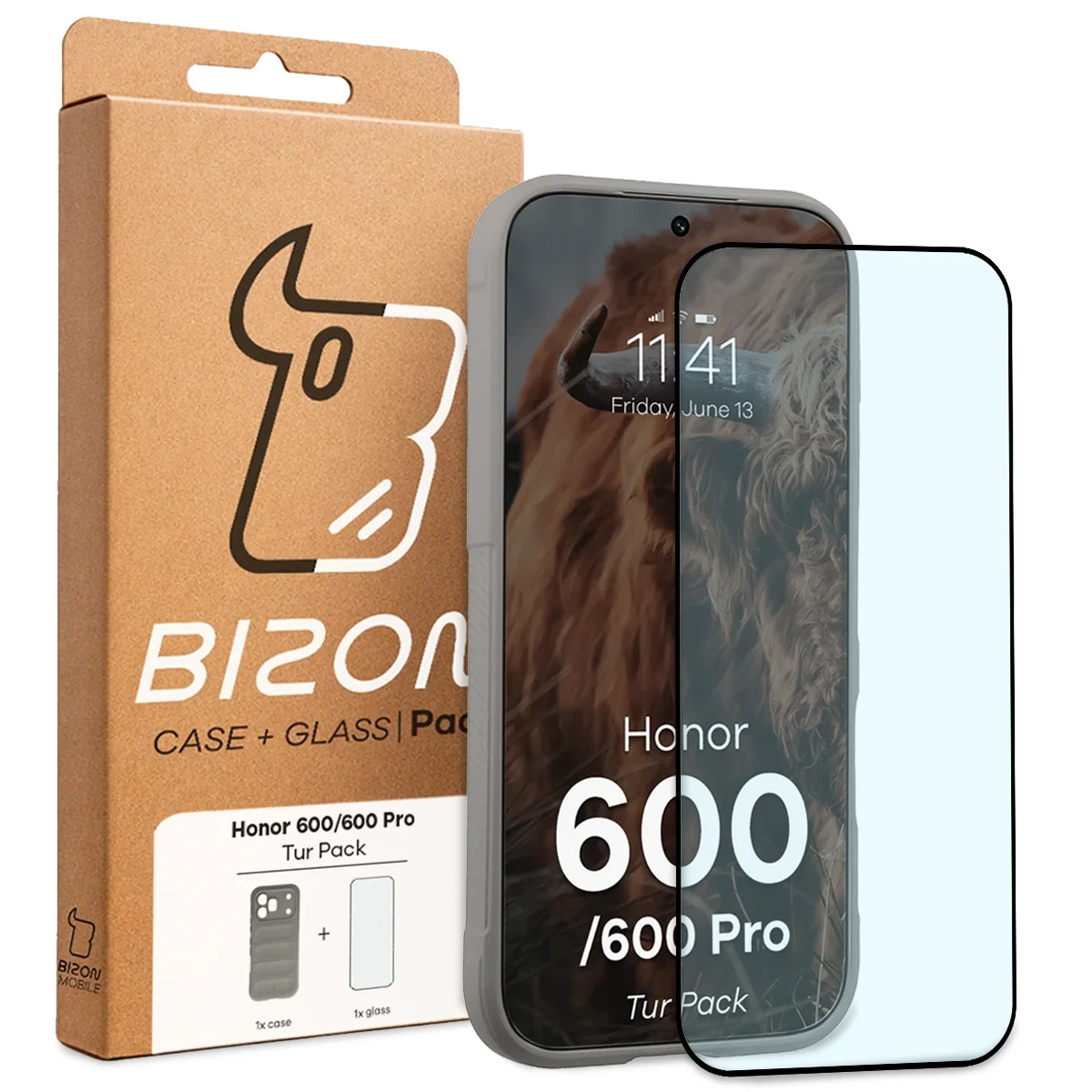 Przód pudełka Bizon Tur Pack z dedykowaną etykietą do Honor 600 5G / 600 Pro 5G