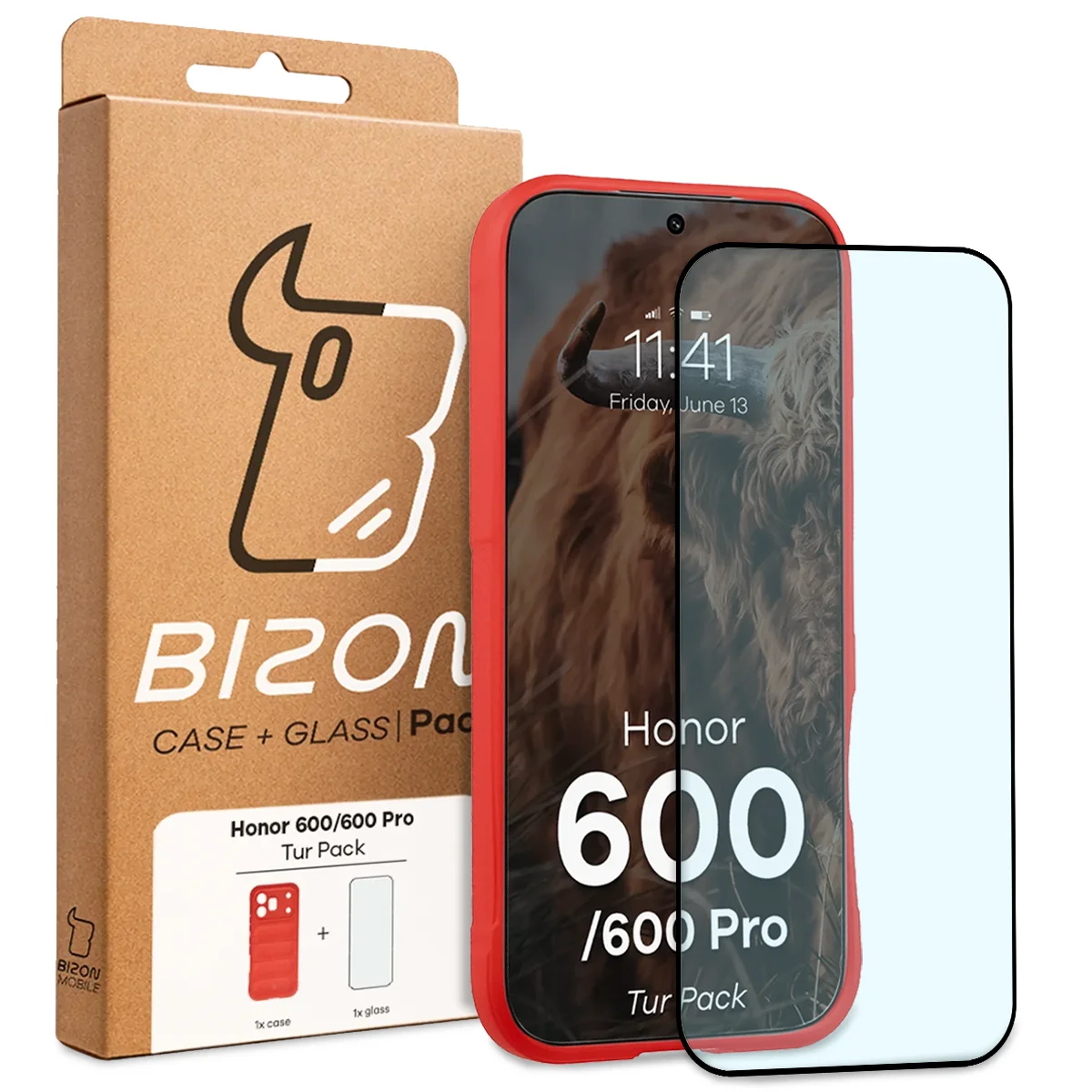Przód pudełka Bizon Tur Pack z dedykowaną etykietą do Honor 600 5G / 600 Pro 5G