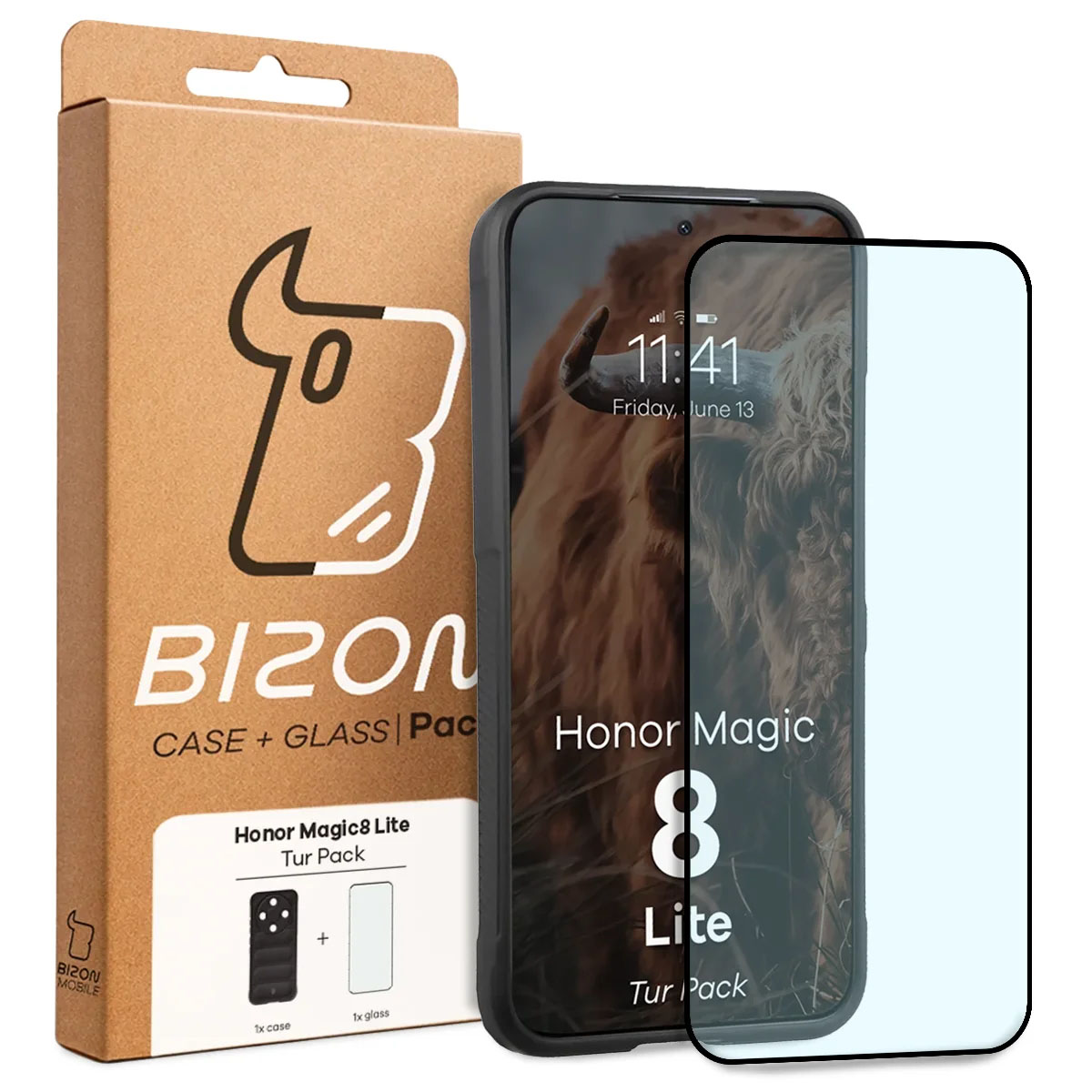 Przód pudełka Bizon Tur Pack z dedykowaną etykietą do Honor Magic8 Lite