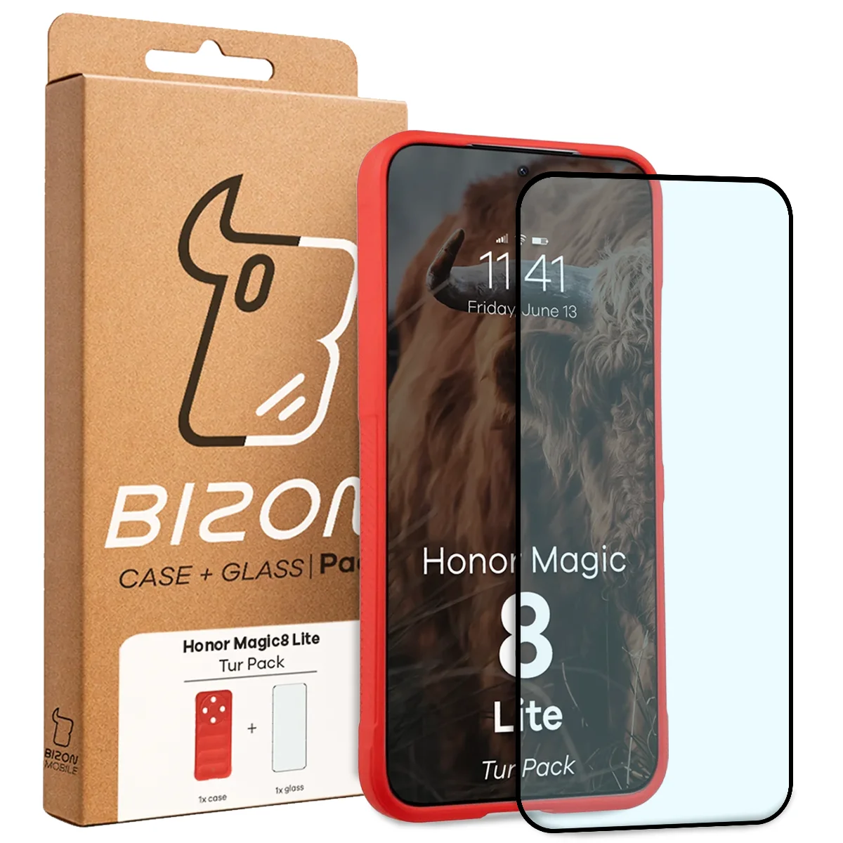 Przód pudełka Bizon Tur Pack z dedykowaną etykietą do Honor Magic8 Lite