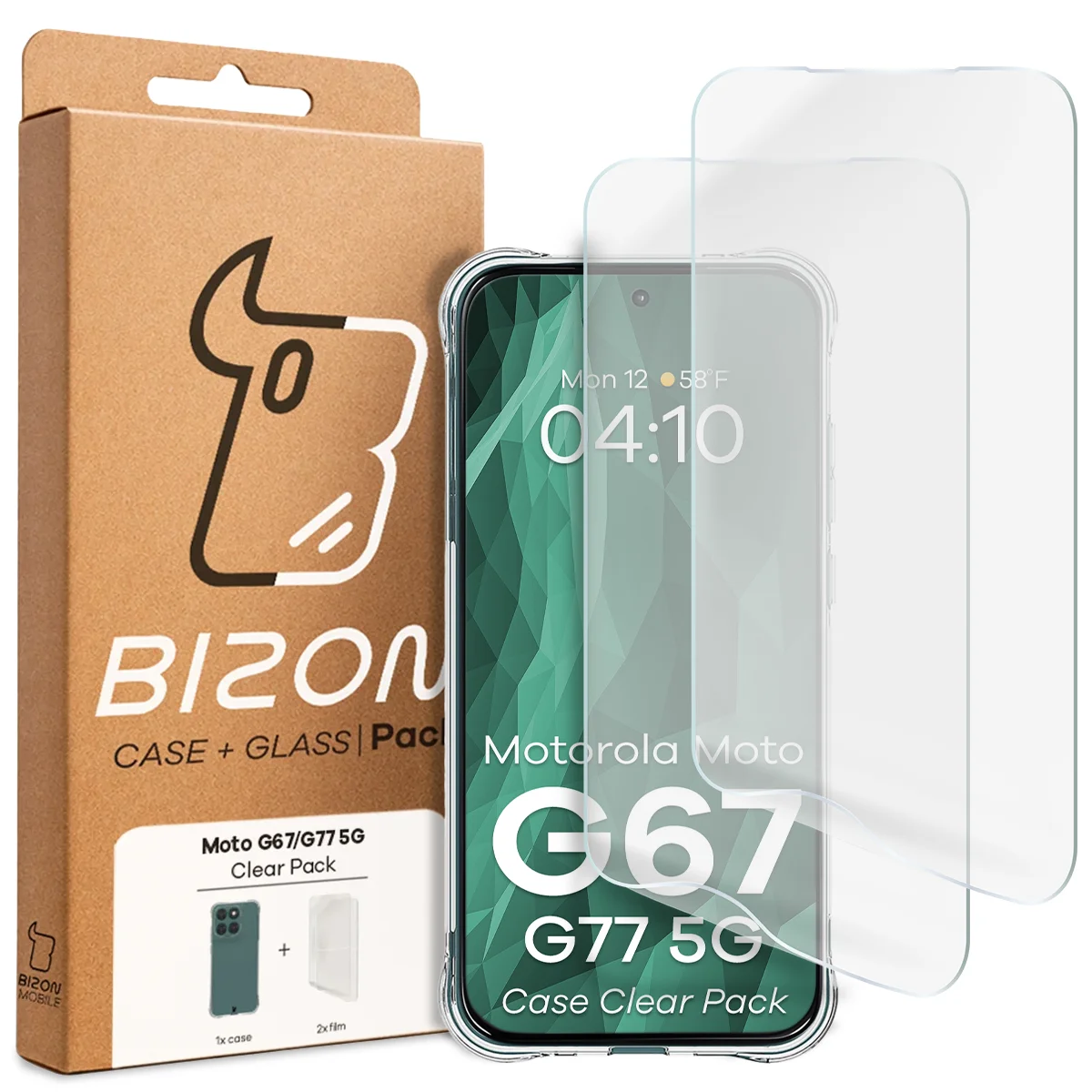 Przód pudełka Bizon Case+Glass z dedykowaną etykietą do Motorola Moto G67 5G / G77 5G