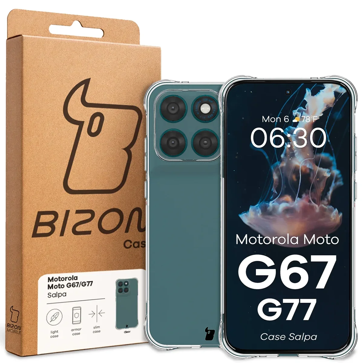 Przód pudełka Bizon Case z dedykowaną etykietą do Motorola Moto G67 5G / G77 5G