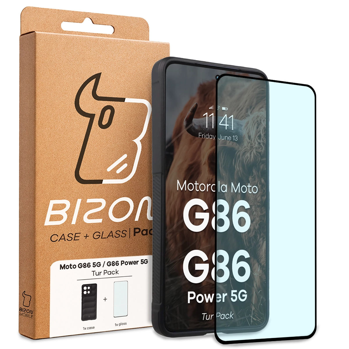 Przód pudełka Bizon Tur Pack z dedykowaną etykietą do Motorola Moto G86 5G / Motorola Moto G86 Power 5G