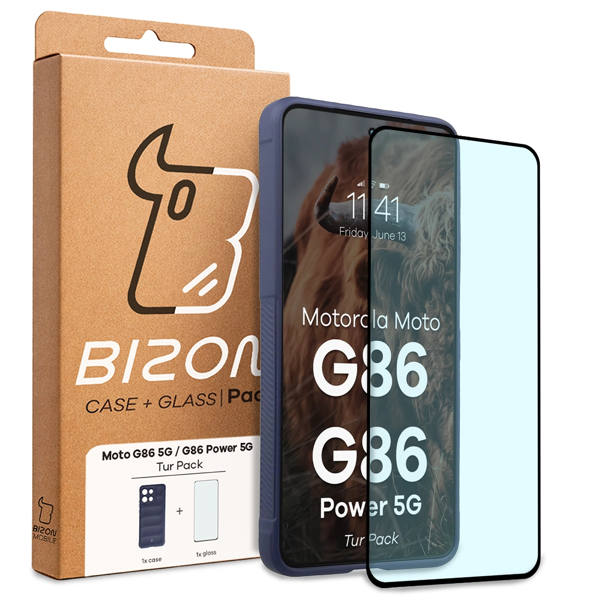 Przód pudełka Bizon Tur Pack z dedykowaną etykietą do Motorola Moto G86 5G / Motorola Moto G86 Power 5G
