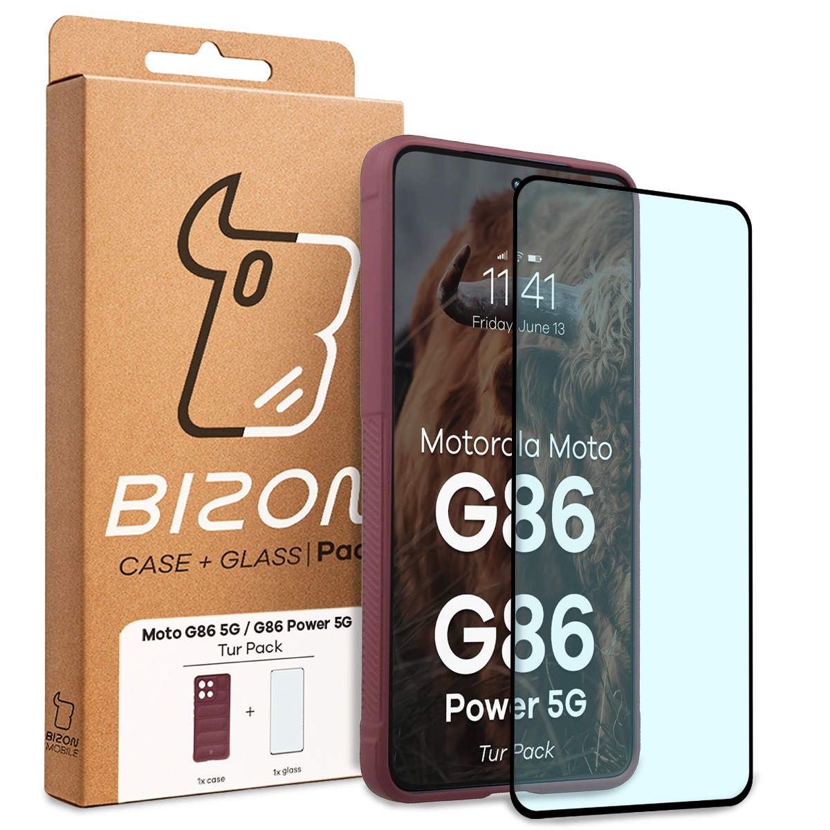 Przód pudełka Bizon Tur Pack z dedykowaną etykietą do Motorola Moto G86 5G / Motorola Moto G86 Power 5G