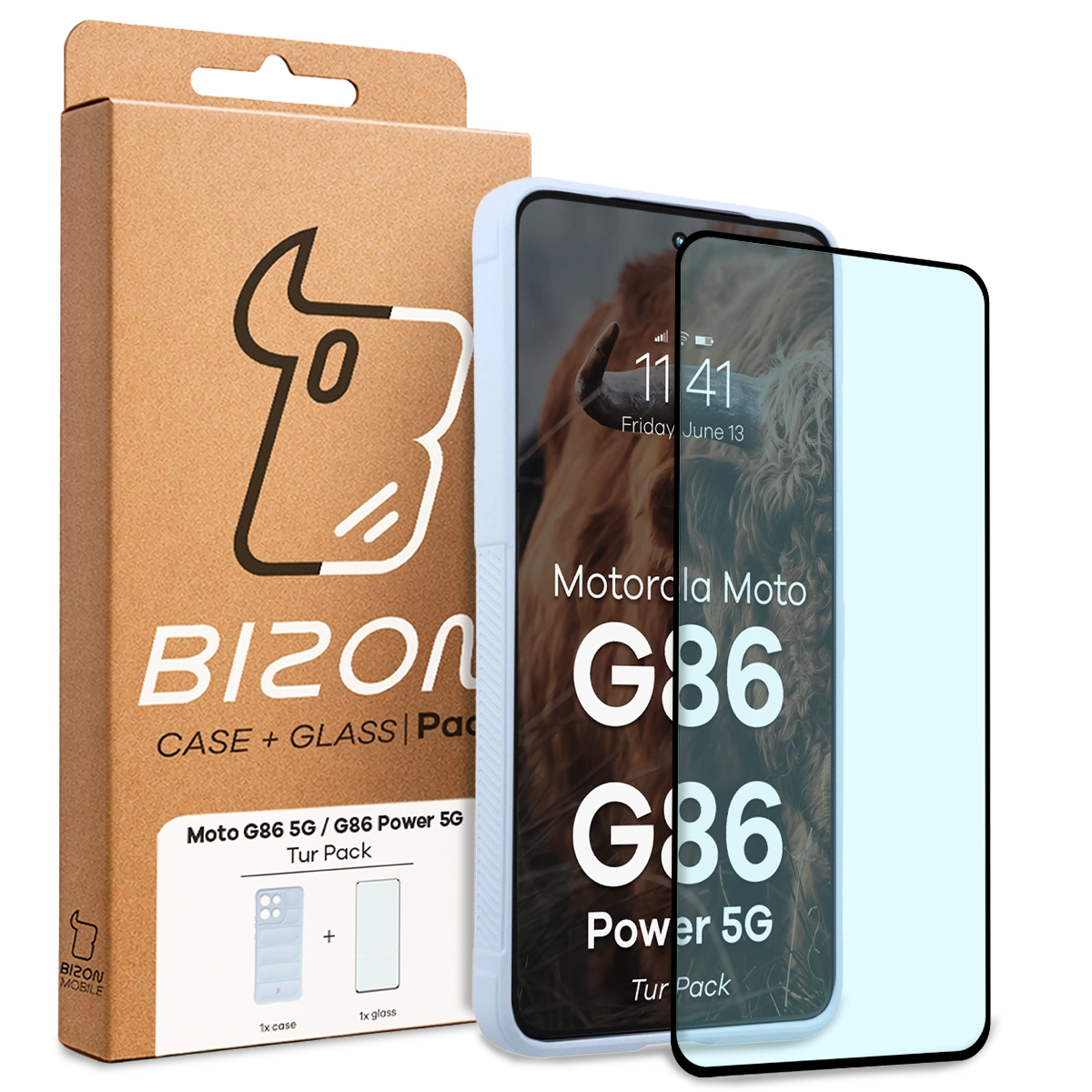 Przód pudełka Bizon Tur Pack z dedykowaną etykietą do Motorola Moto G86 5G / Motorola Moto G86 Power 5G