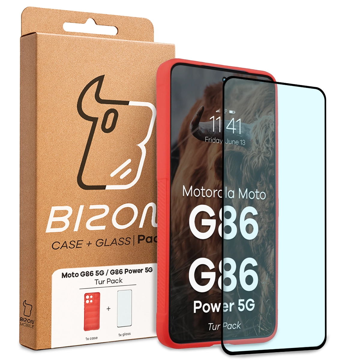 Przód pudełka Bizon Tur Pack z dedykowaną etykietą do Motorola Moto G86 5G / Motorola Moto G86 Power 5G