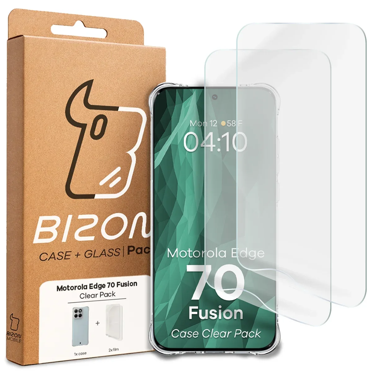 Przód pudełka Bizon Case+Glass z dedykowaną etykietą do Motorola Edge 70 Fusion