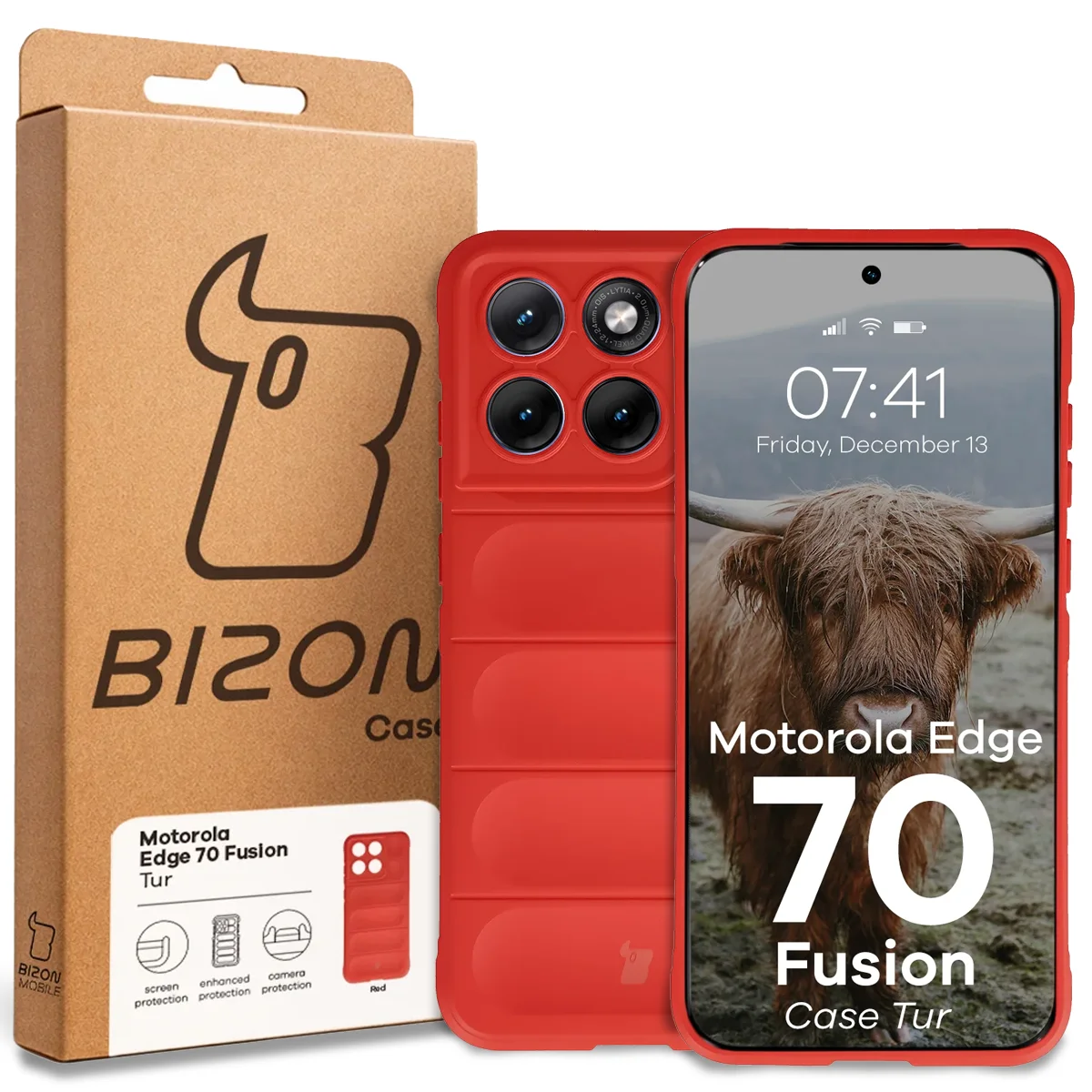 Przód pudełka Bizon Case z dedykowaną etykietą do Motorola Edge 70 Fusion
