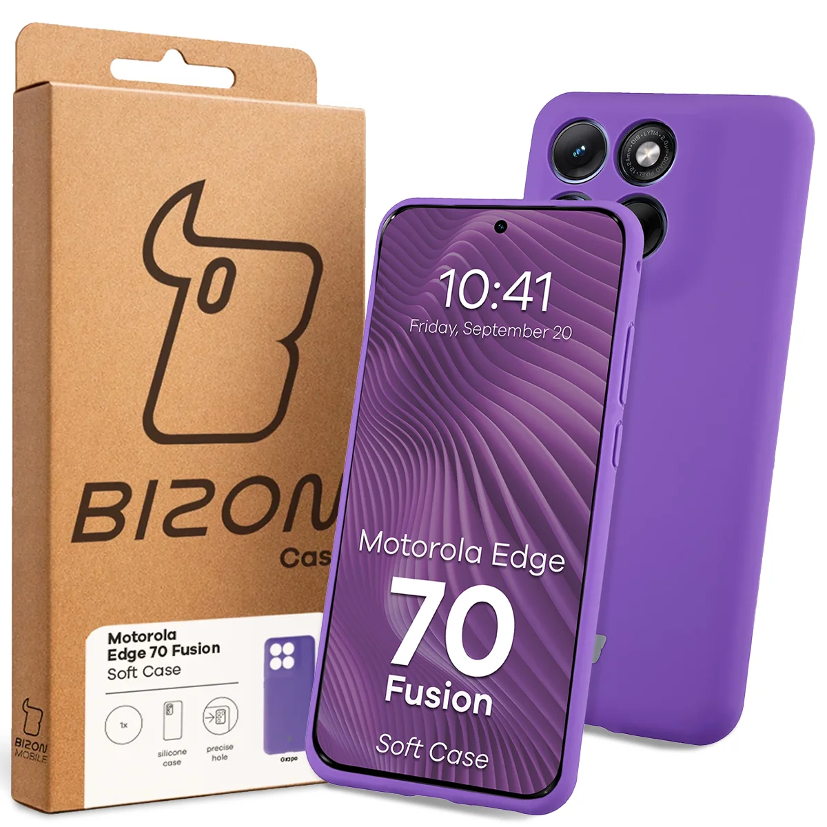 Przód pudełka Bizon Case z dedykowaną etykietą do Motorola Edge 70 Fusion