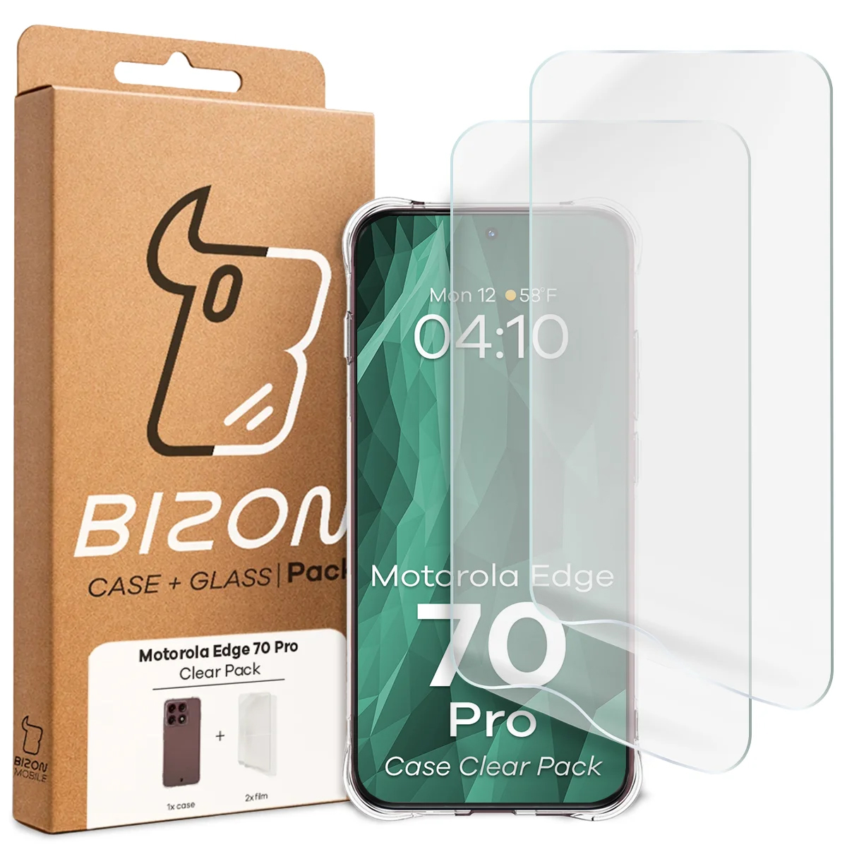 Przód pudełka Bizon Case+Glass z dedykowaną etykietą do Motorola Edge 70 Pro