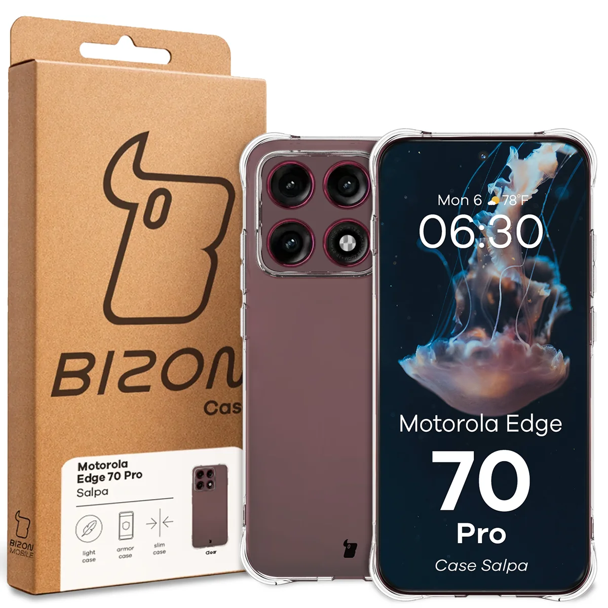 Przód pudełka Bizon Case z dedykowaną etykietą do Motorola Edge 70 Pro