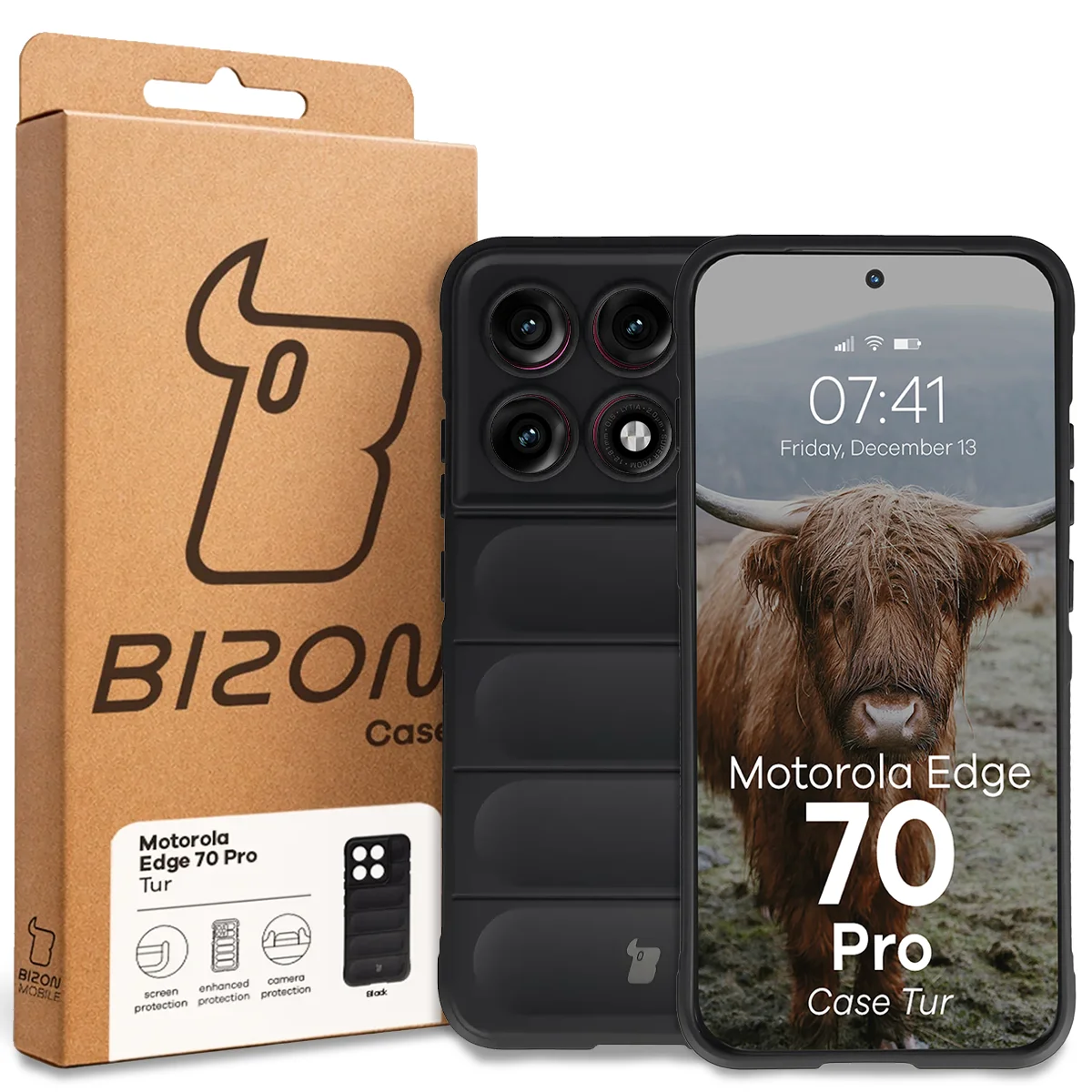 Przód pudełka Bizon Case z dedykowaną etykietą do Motorola Edge 70 Pro