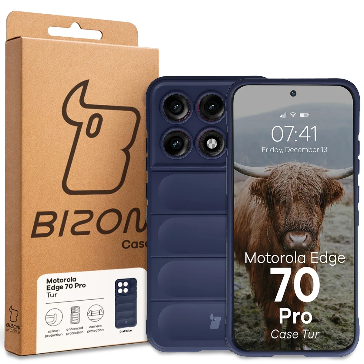 Przód pudełka Bizon Case z dedykowaną etykietą do Motorola Edge 70 Pro