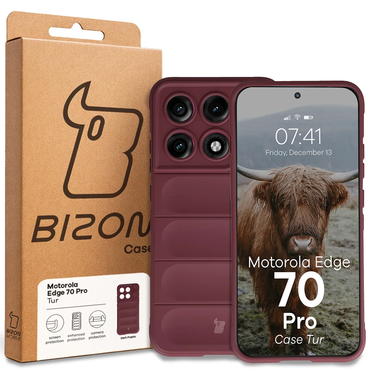 Przód pudełka Bizon Case z dedykowaną etykietą do Motorola Edge 70 Pro