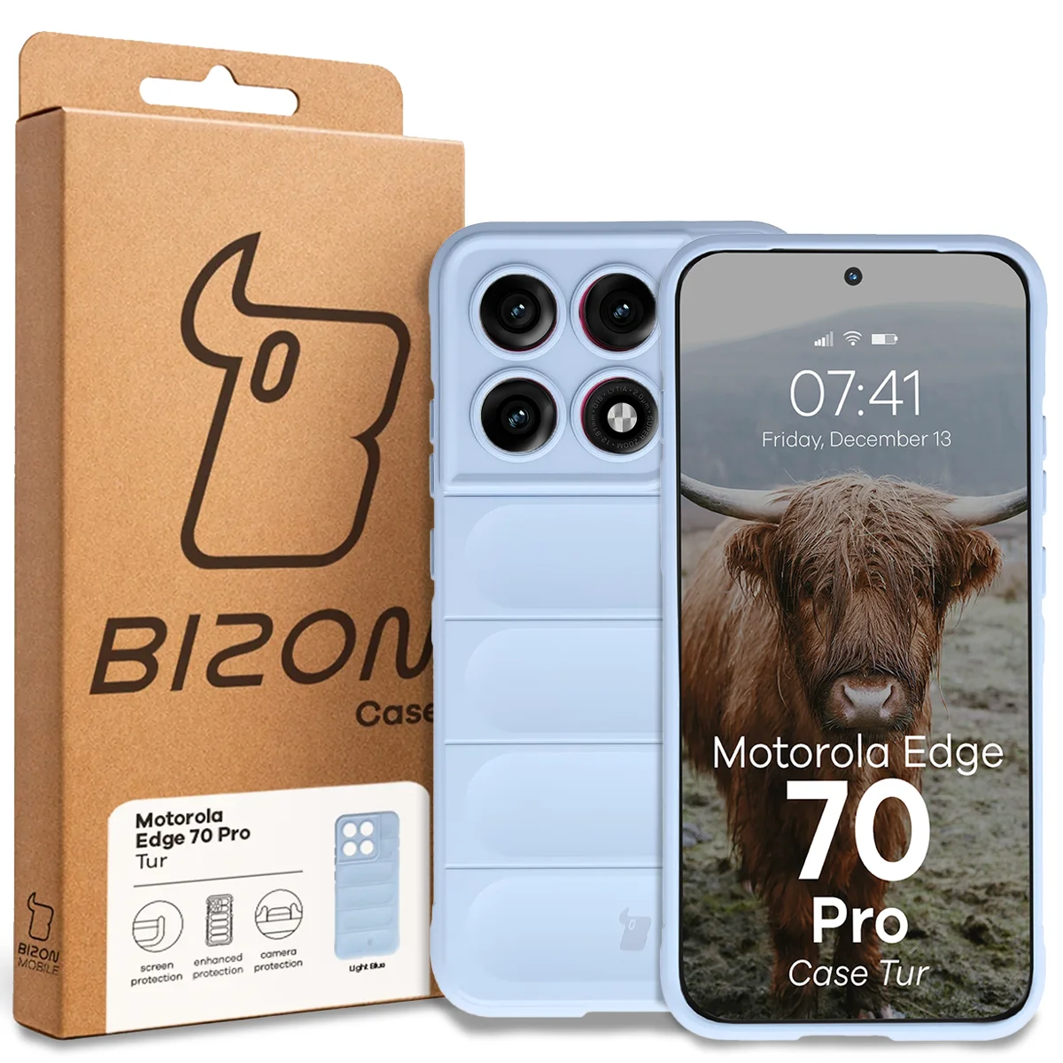 Przód pudełka Bizon Case z dedykowaną etykietą do Motorola Edge 70 Pro