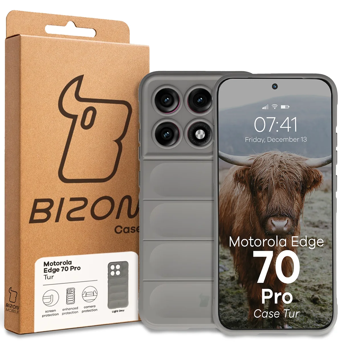 Przód pudełka Bizon Case z dedykowaną etykietą do Motorola Edge 70 Pro