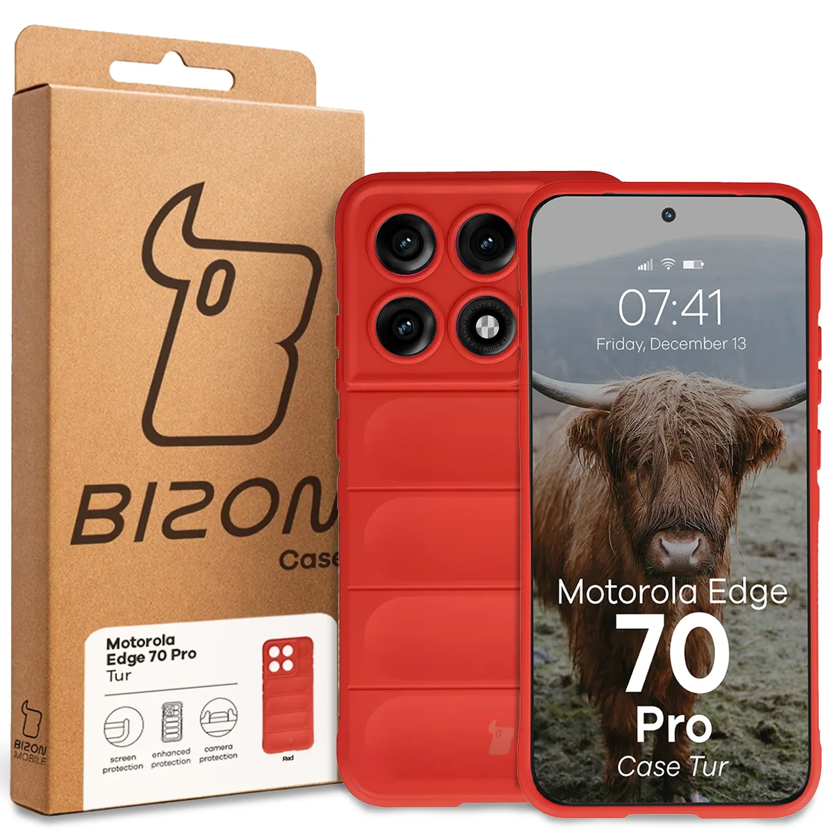 Przód pudełka Bizon Case z dedykowaną etykietą do Motorola Edge 70 Pro