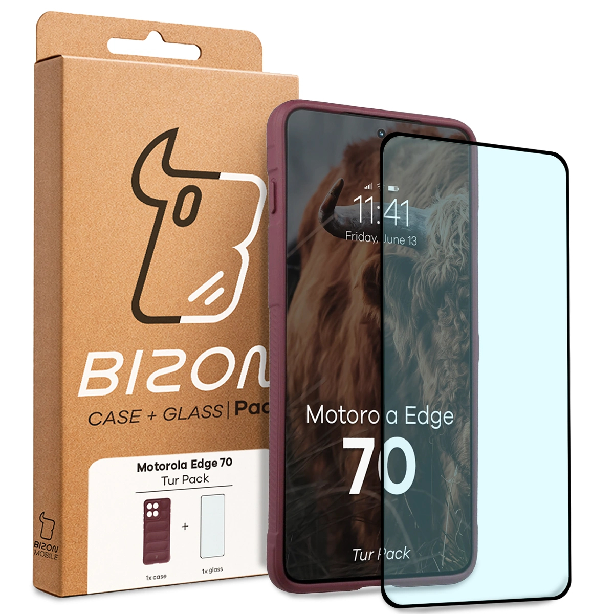Przód pudełka Bizon Tur Pack z dedykowaną etykietą do Motorola Edge 70