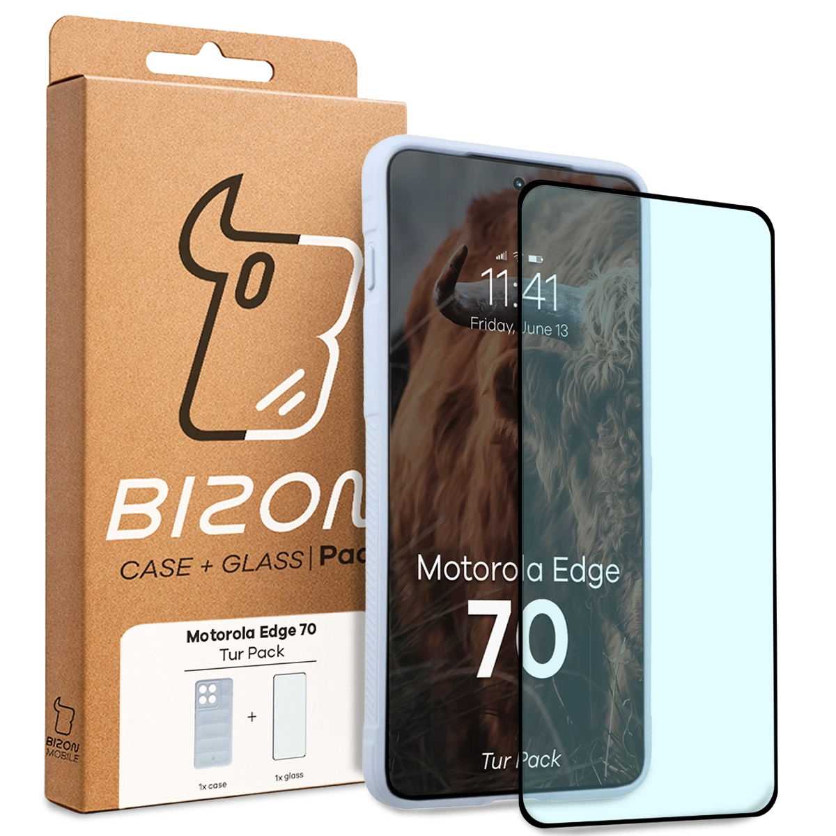 Przód pudełka Bizon Tur Pack z dedykowaną etykietą do Motorola Edge 70