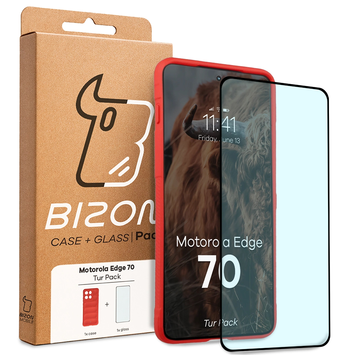 Przód pudełka Bizon Tur Pack z dedykowaną etykietą do Motorola Edge 70