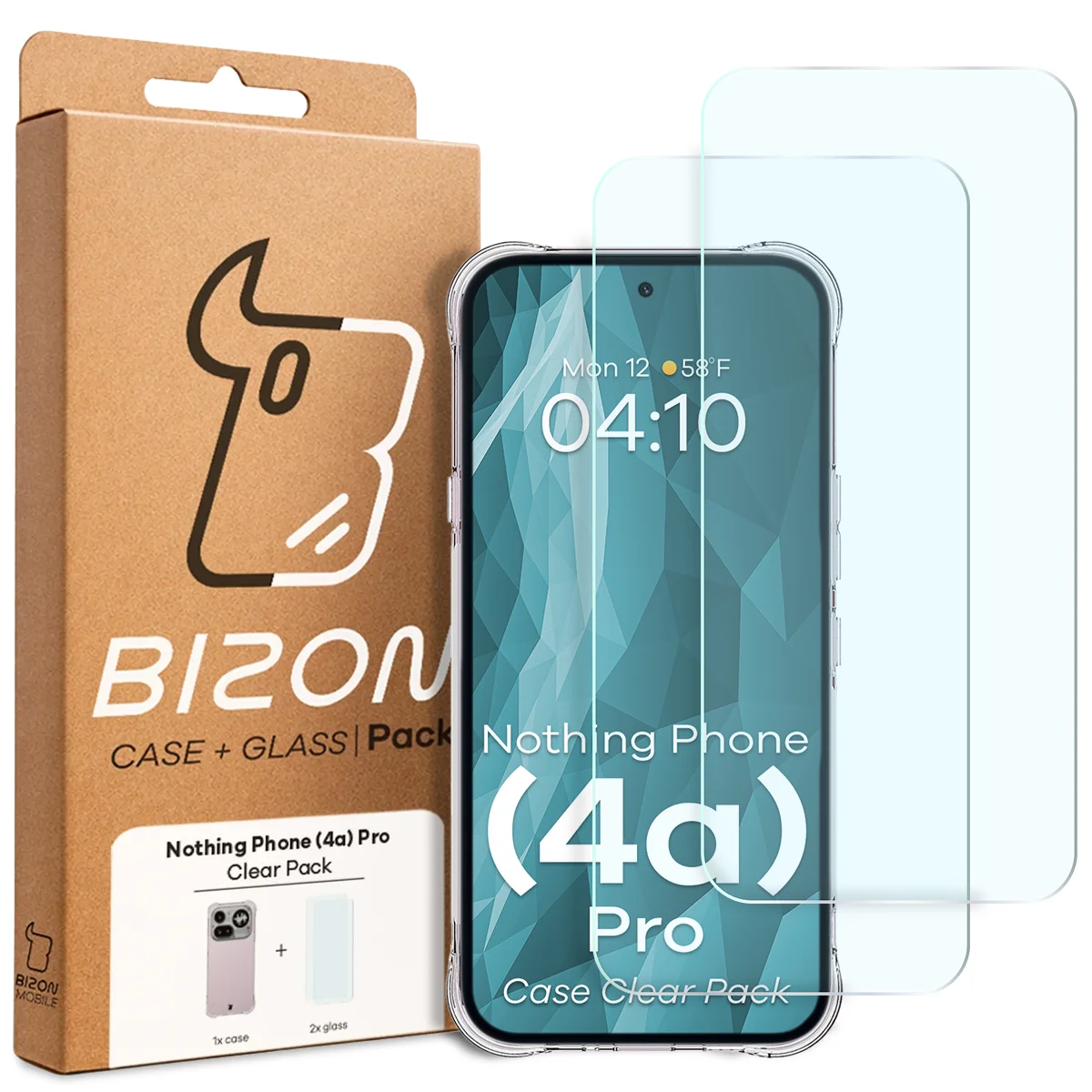 Przód pudełka Bizon Case+Glass z dedykowaną etykietą do Nothing Phone (4a) Pro