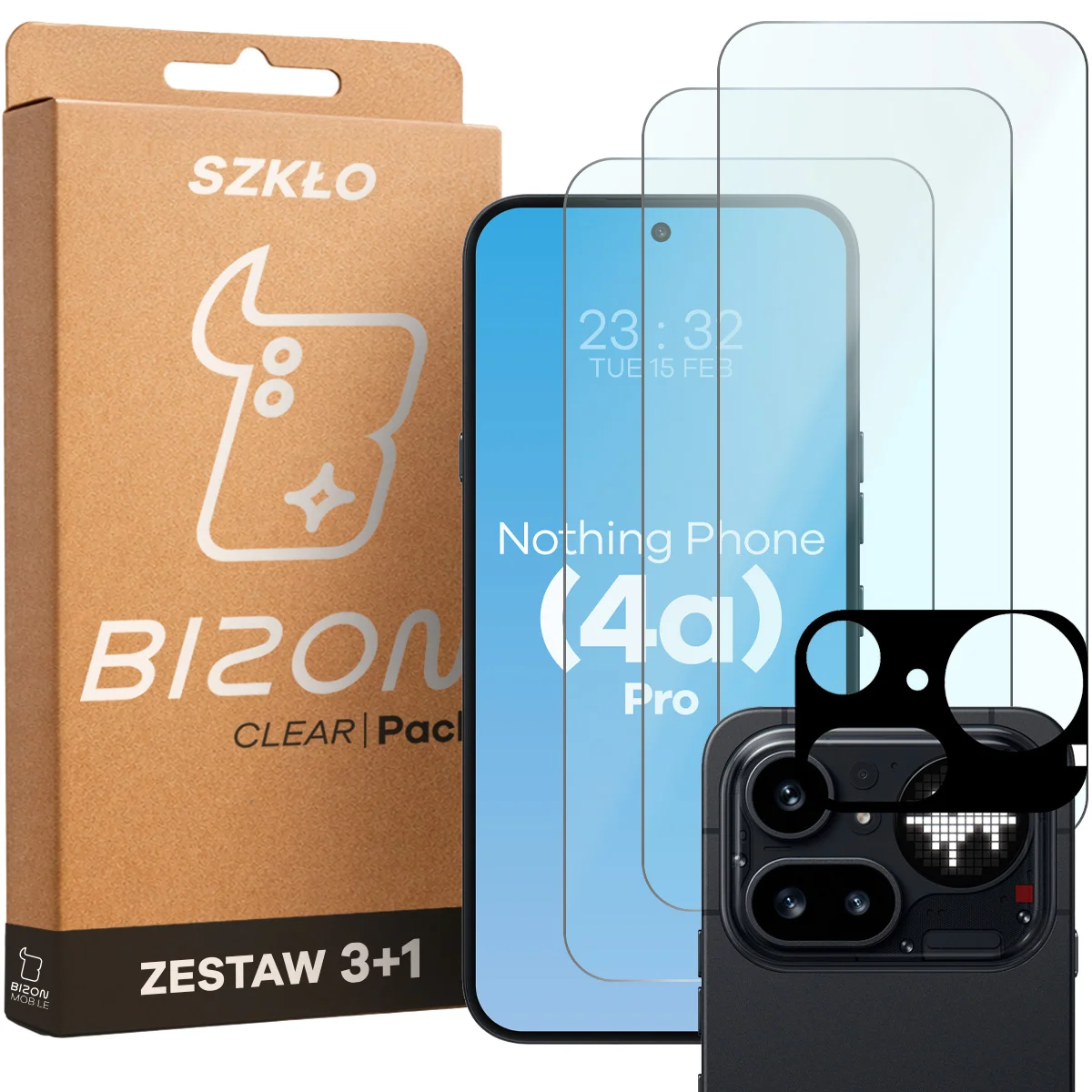 Pudełko i zestaw szkieł do Nothing Phone (4a) Pro: 3x szkło hartowane i lens