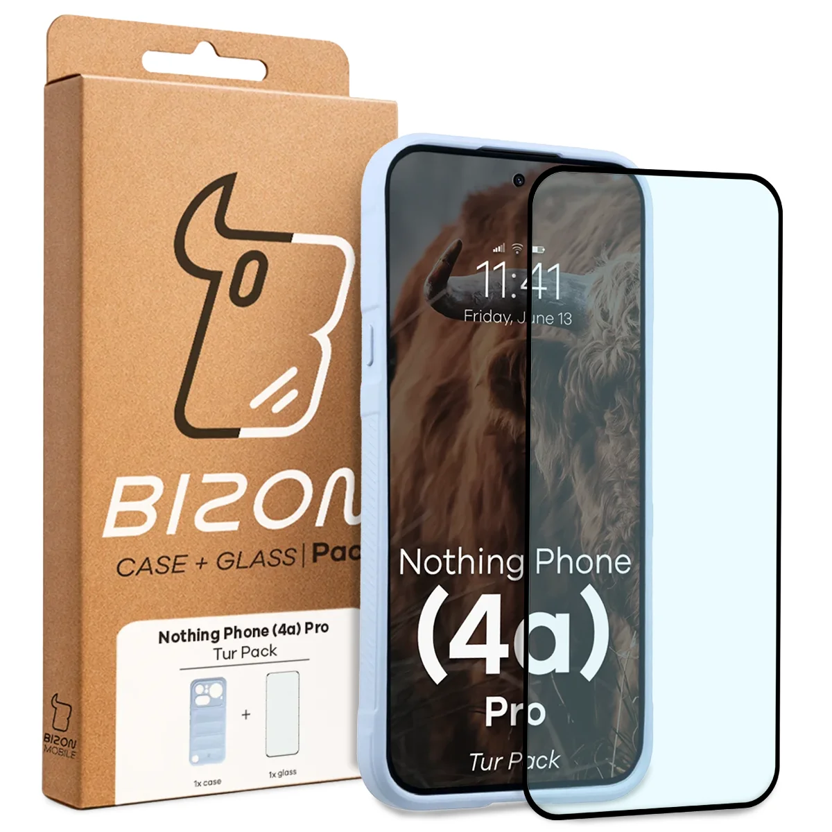Przód pudełka Bizon Tur Pack z dedykowaną etykietą do Nothing Phone (4a) Pro