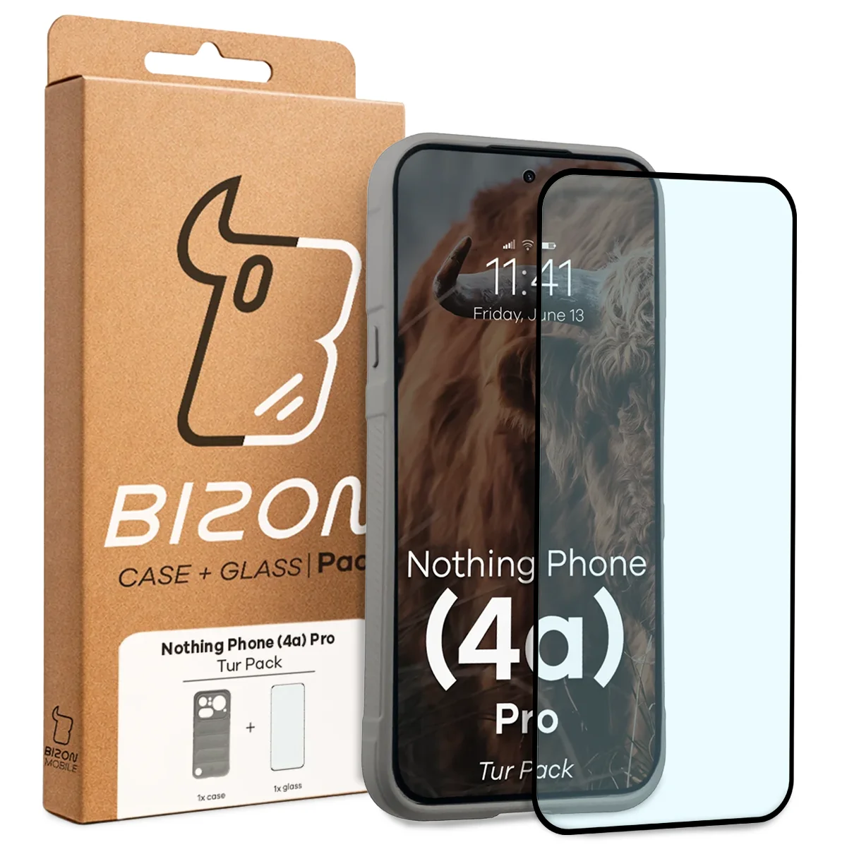 Przód pudełka Bizon Tur Pack z dedykowaną etykietą do Nothing Phone (4a) Pro