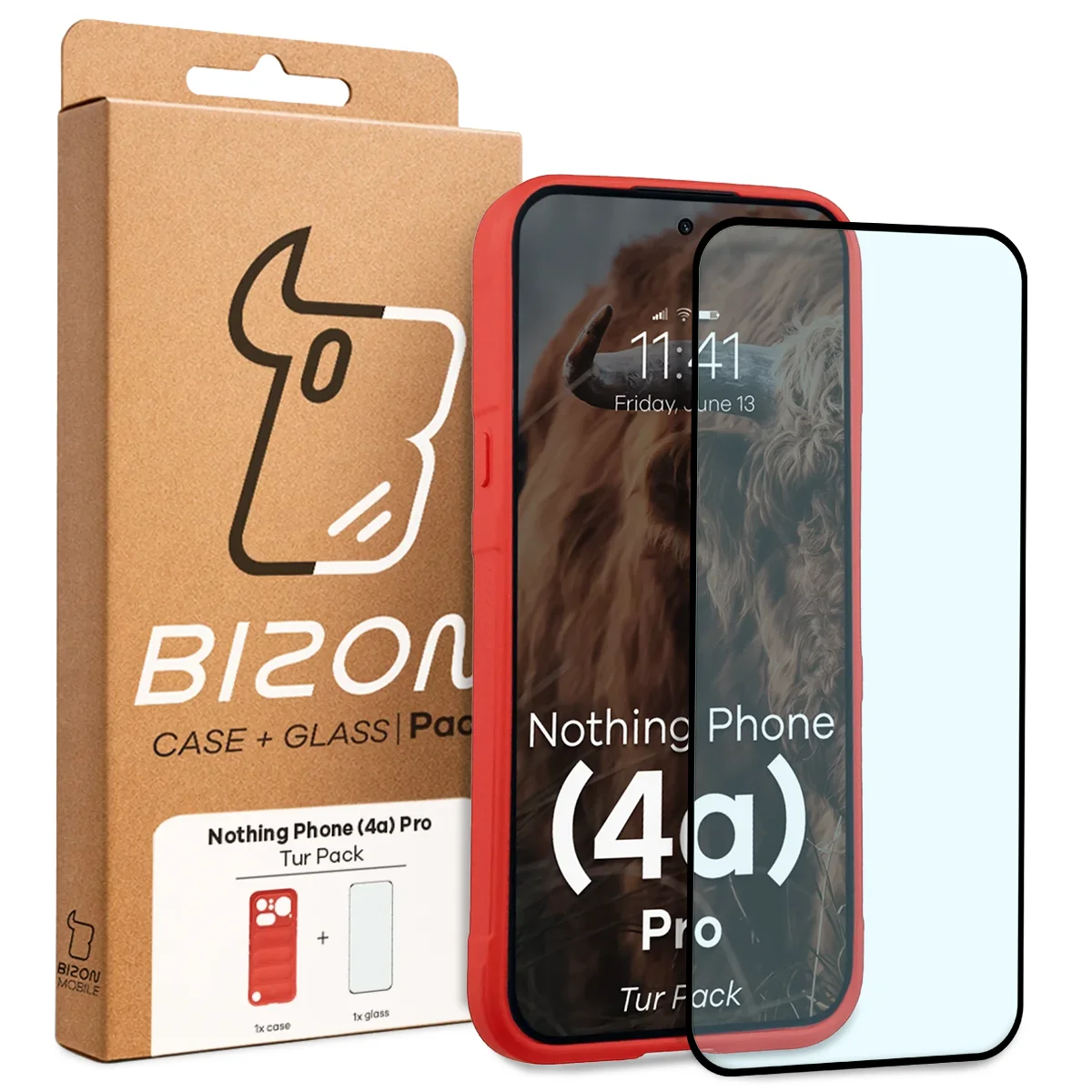 Przód pudełka Bizon Tur Pack z dedykowaną etykietą do Nothing Phone (4a) Pro