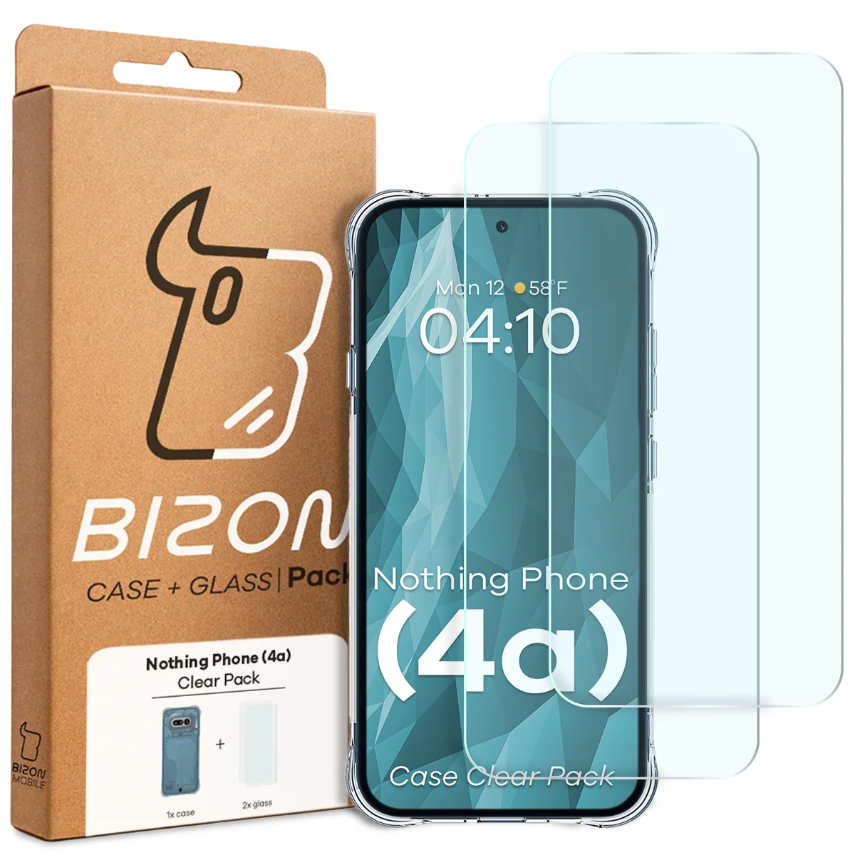 Przód pudełka Bizon Case+Glass z dedykowaną etykietą do Nothing Phone (4a)