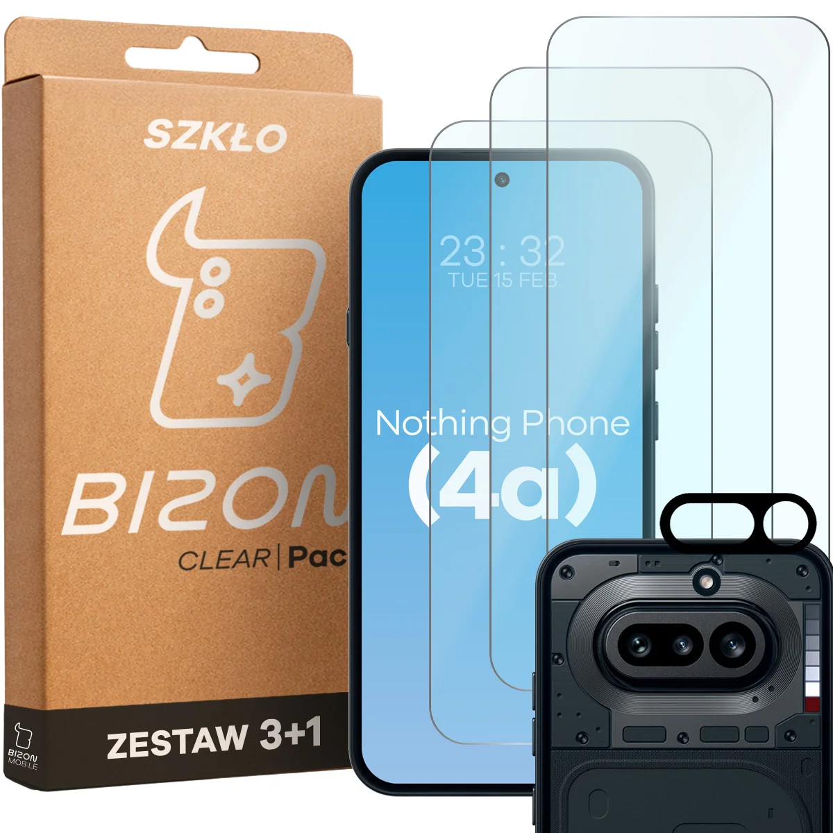 Pudełko i zestaw szkieł do Nothing Phone (4a): 3x szkło hartowane i lens