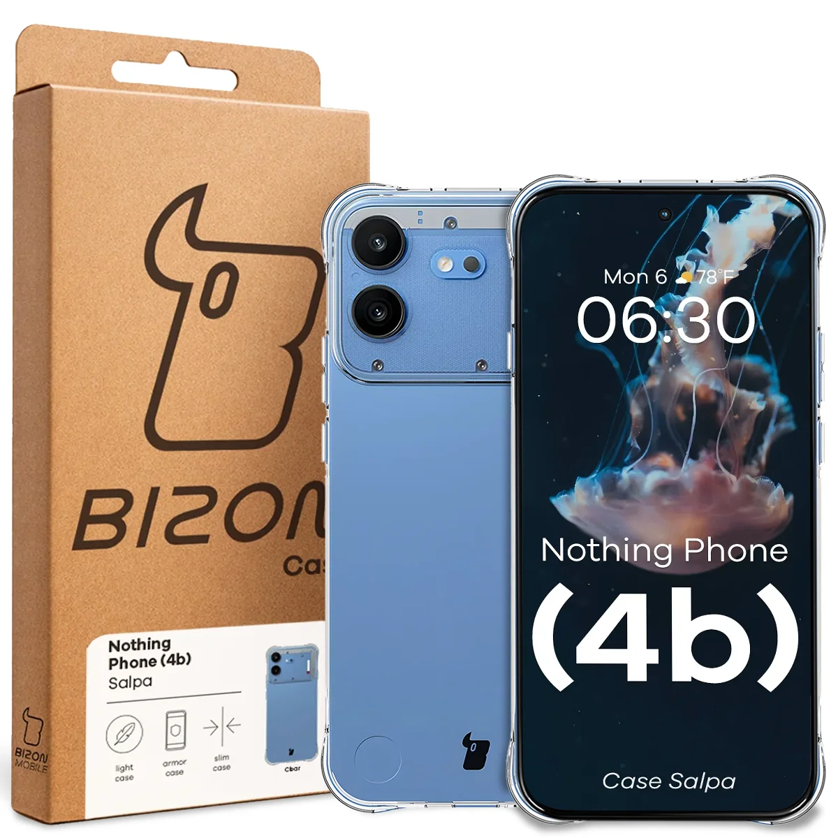 Przód pudełka Bizon Case z dedykowaną etykietą do Nothing Phone (4b)