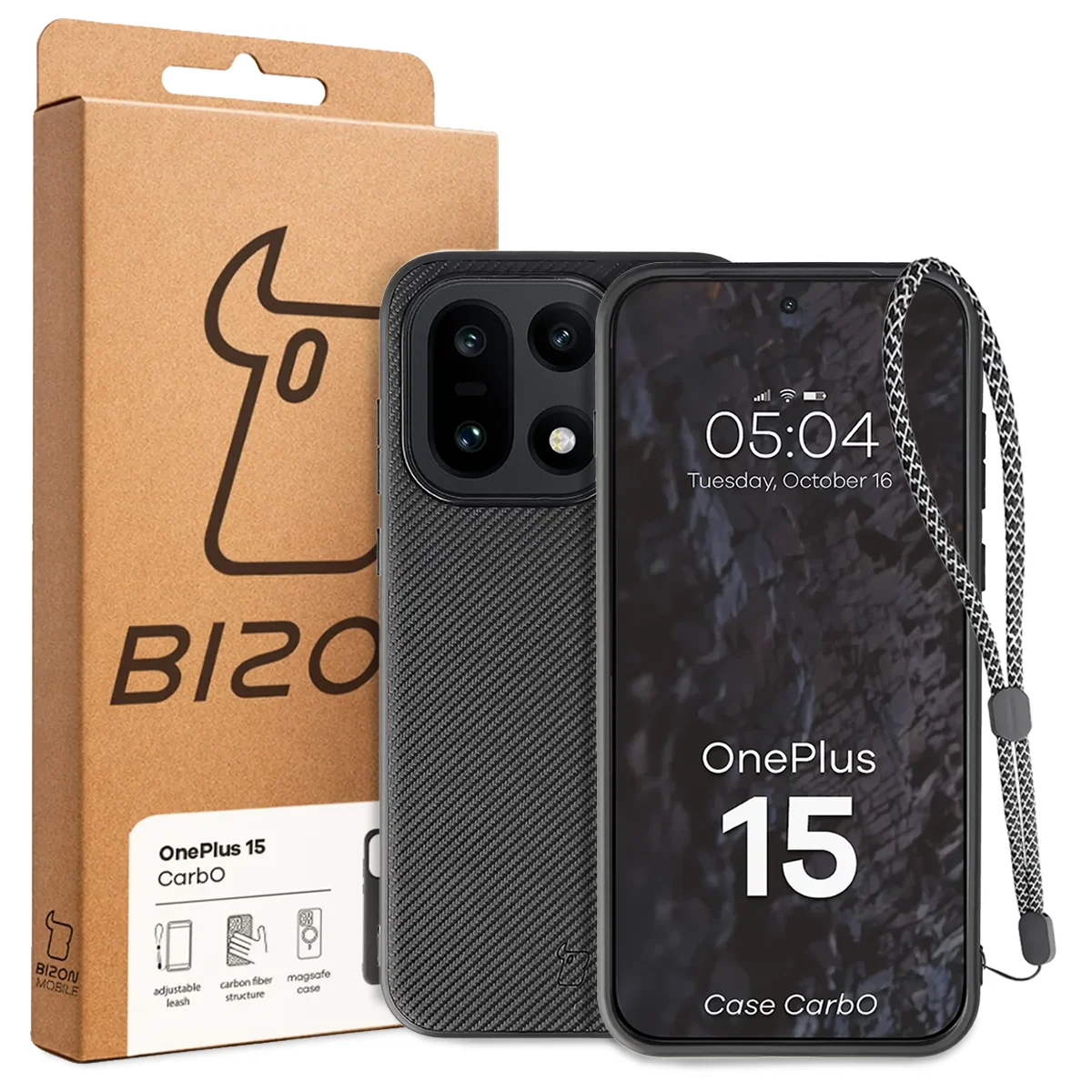 Przód pudełka Bizon Case z dedykowaną etykietą do OnePlus 15