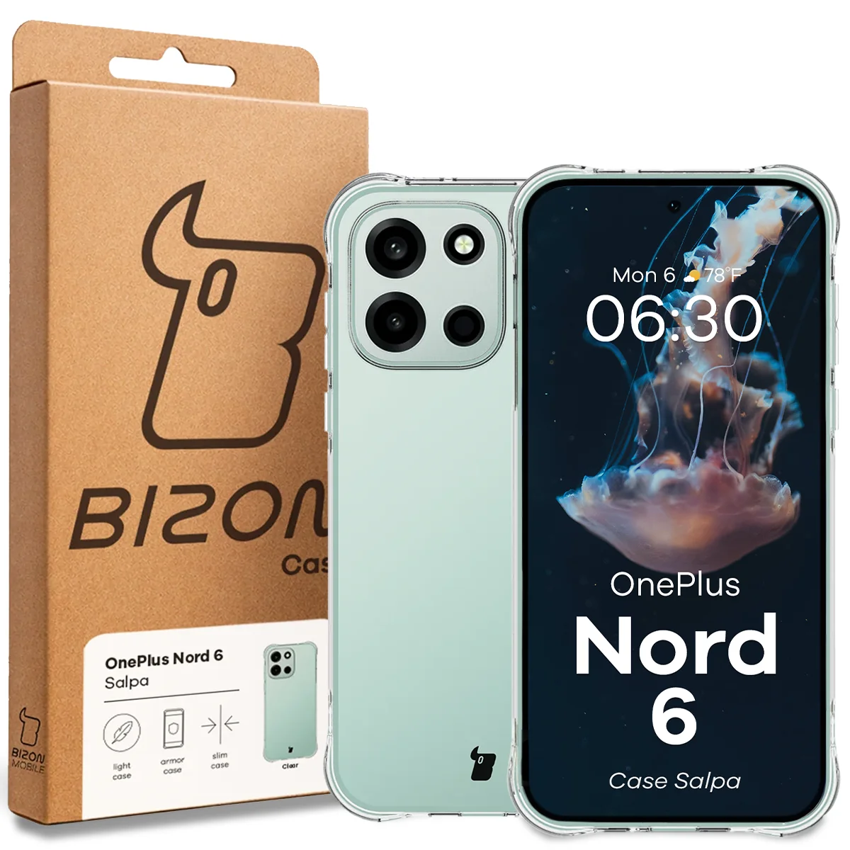Przód pudełka Bizon Case z dedykowaną etykietą do OnePlus Nord 6
