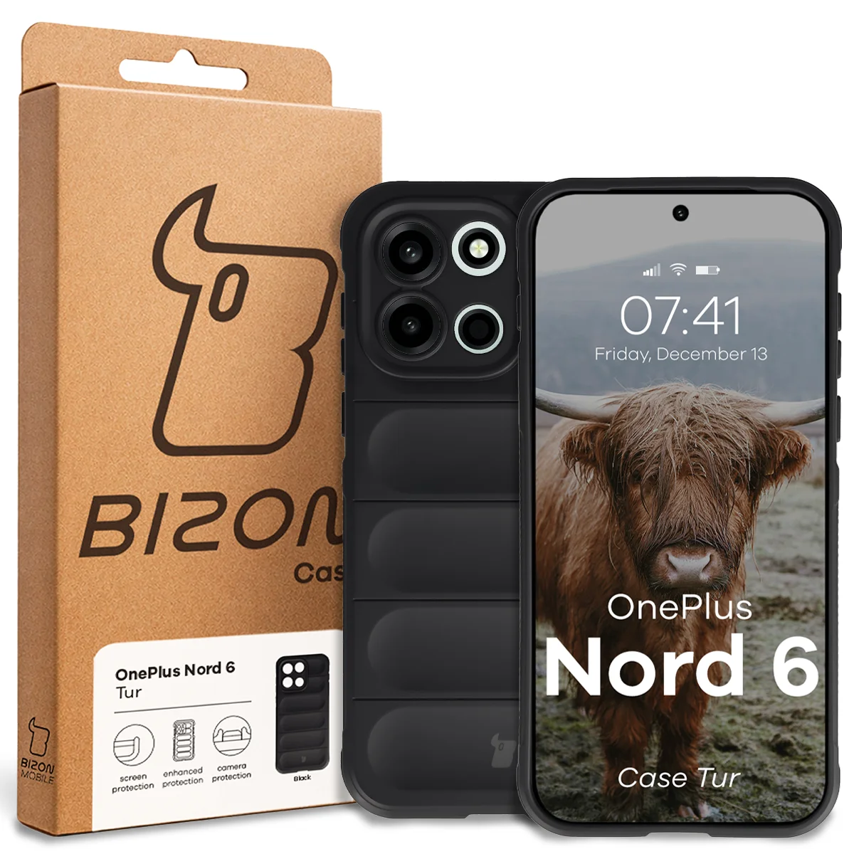 Przód pudełka Bizon Case z dedykowaną etykietą do OnePlus Nord 6