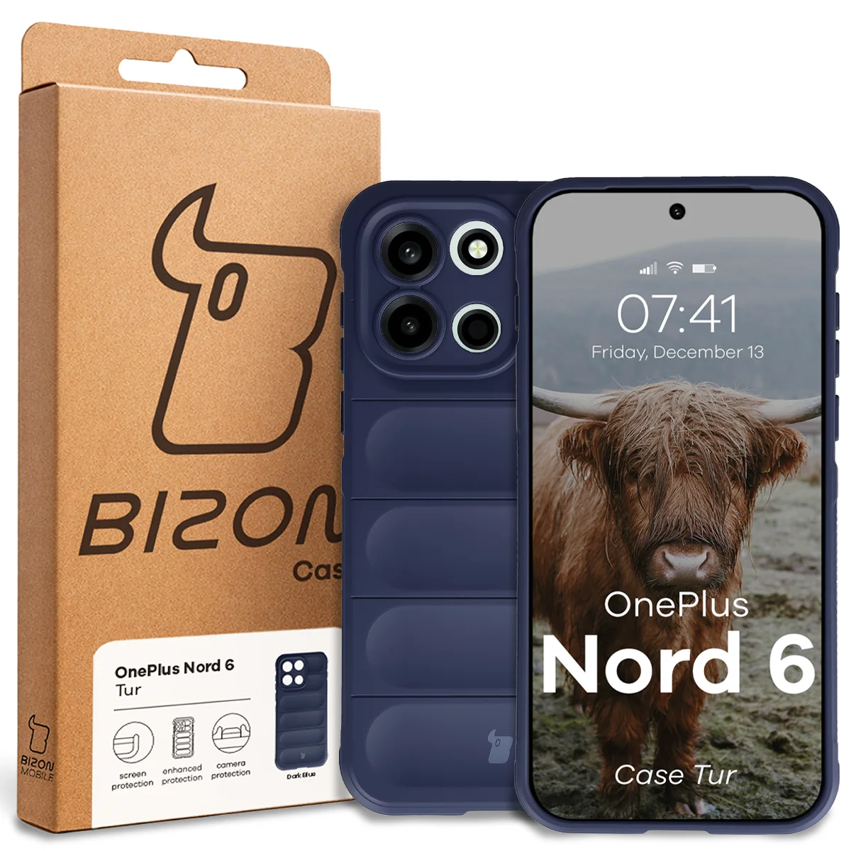 Przód pudełka Bizon Case z dedykowaną etykietą do OnePlus Nord 6
