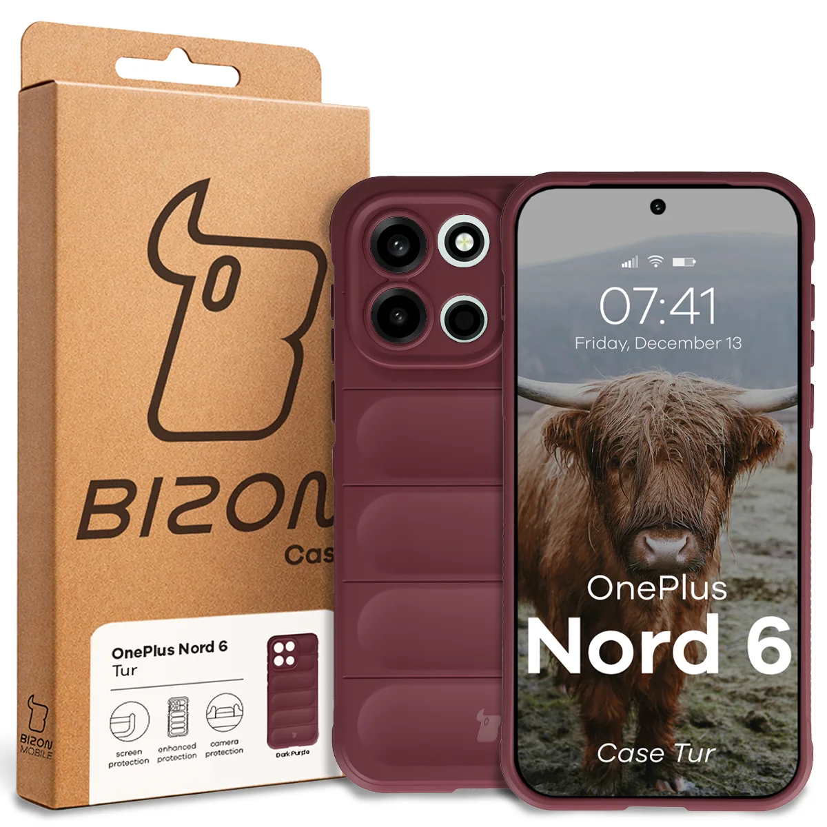 Przód pudełka Bizon Case z dedykowaną etykietą do OnePlus Nord 6