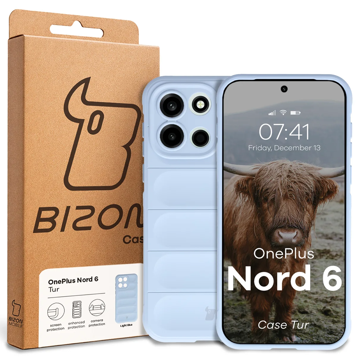 Przód pudełka Bizon Case z dedykowaną etykietą do OnePlus Nord 6