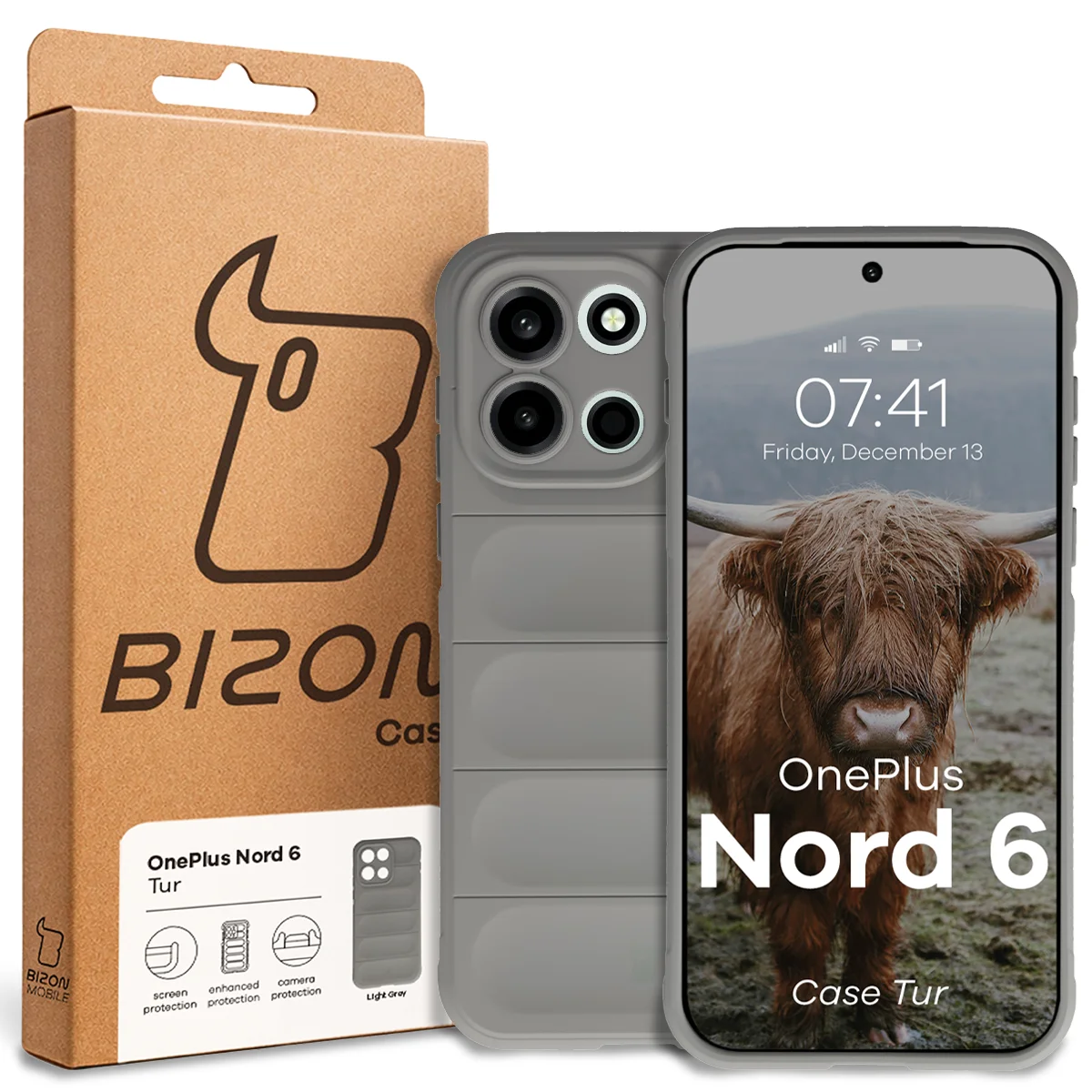 Przód pudełka Bizon Case z dedykowaną etykietą do OnePlus Nord 6