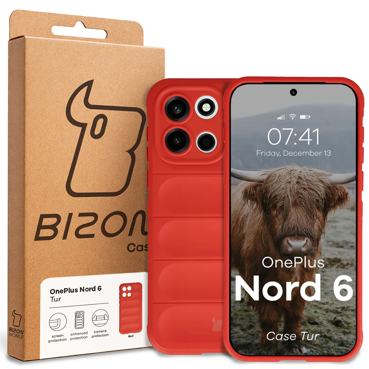 Przód pudełka Bizon Case z dedykowaną etykietą do OnePlus Nord 6