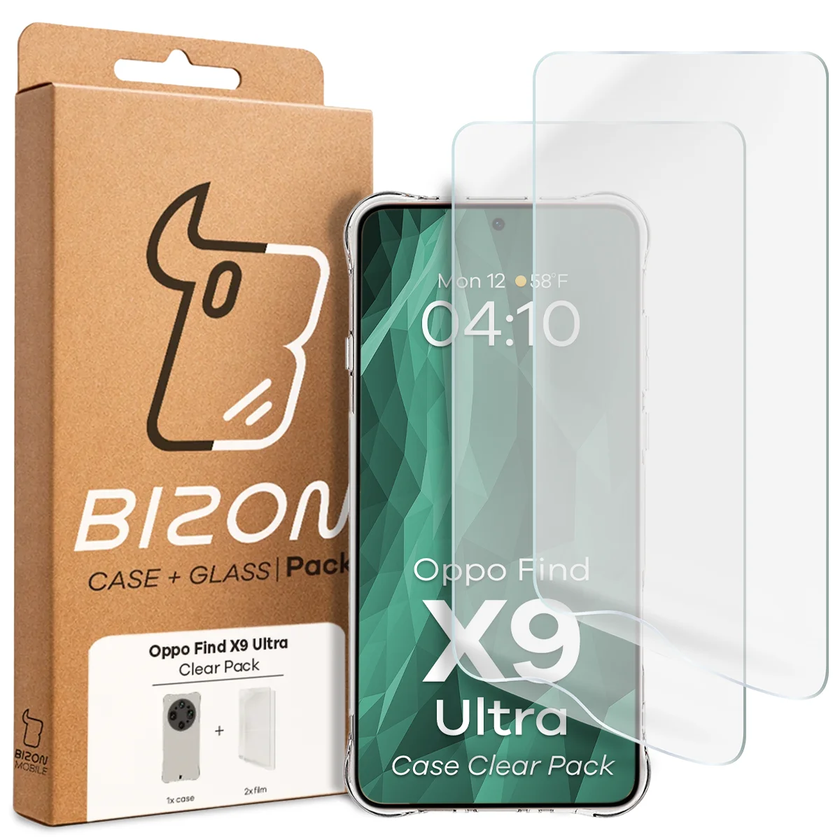 Przód pudełka Bizon Case+Glass z dedykowaną etykietą do Oppo Find X9 Ultra