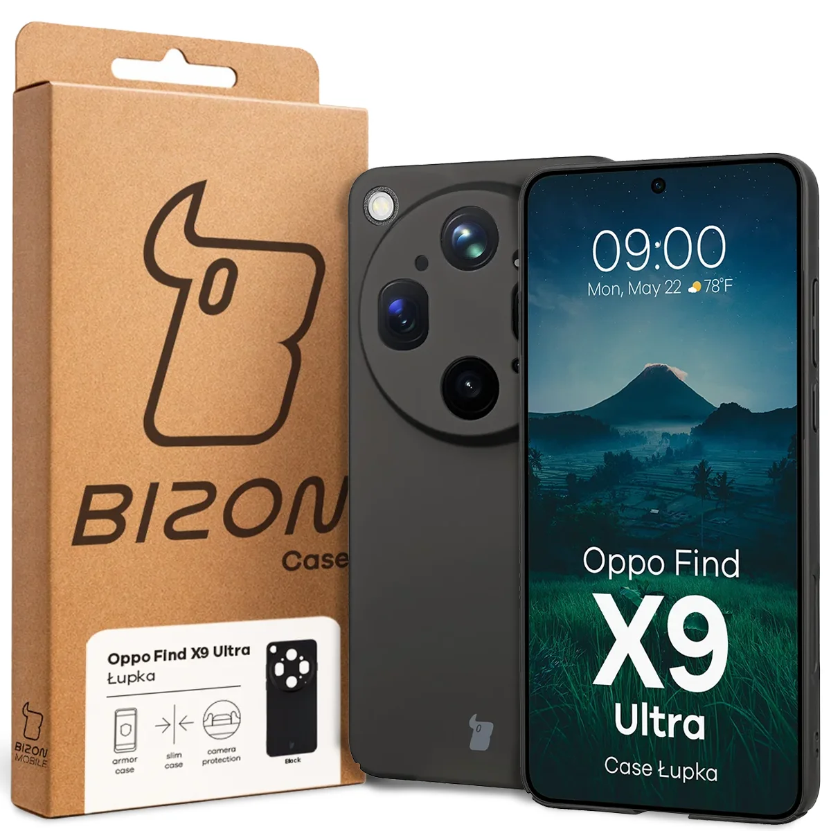 Przód pudełka Bizon Case z dedykowaną etykietą do Oppo Find X9 Ultra