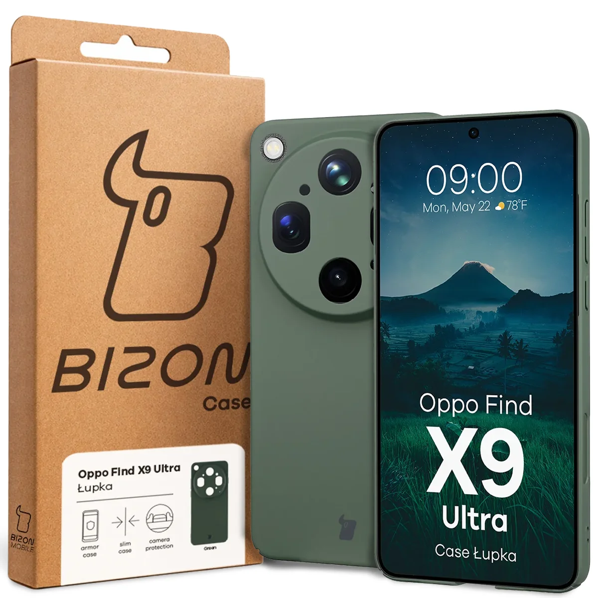 Przód pudełka Bizon Case z dedykowaną etykietą do Oppo Find X9 Ultra