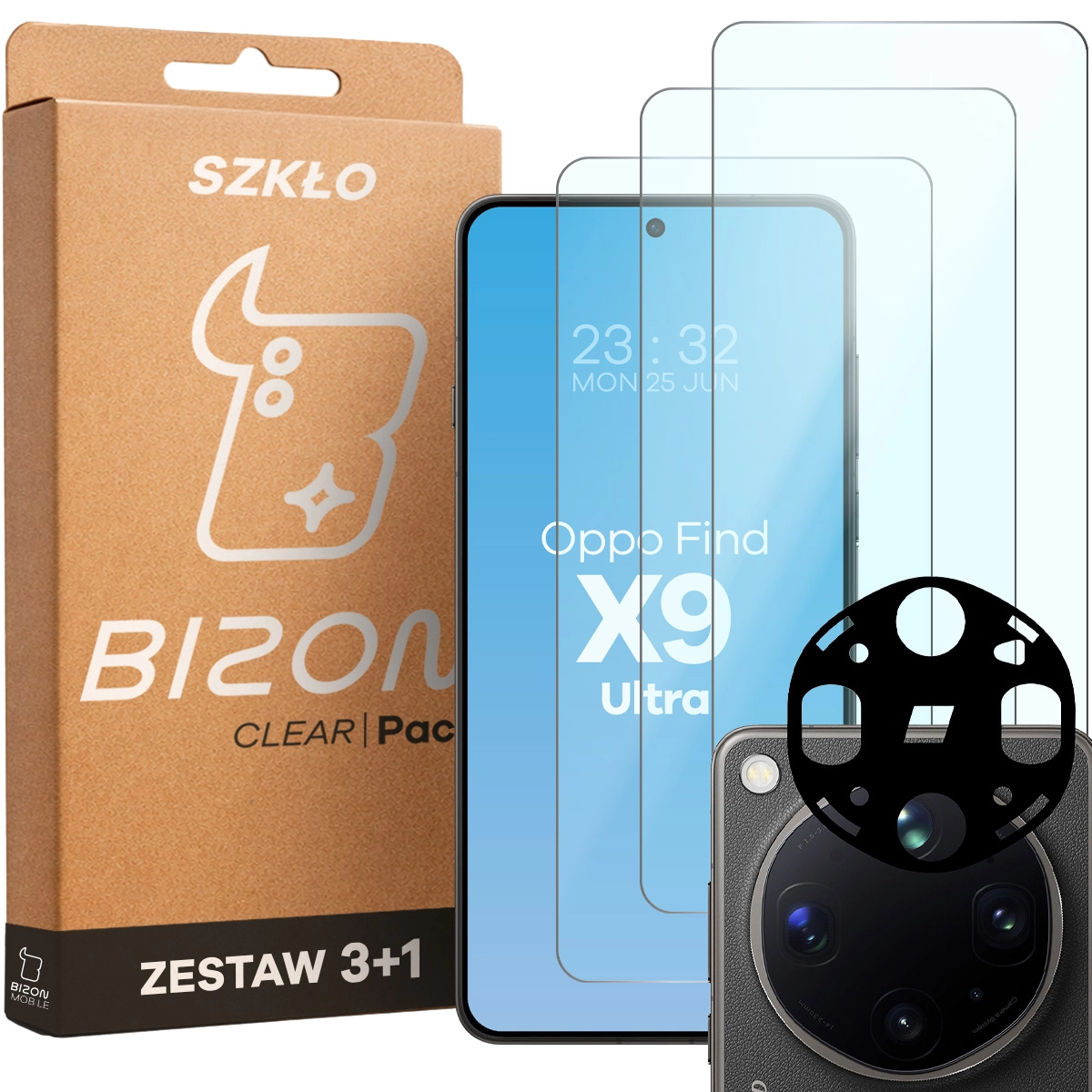 Pudełko i zestaw szkieł do Oppo Find X9 Ultra: 3x szkło hartowane i lens