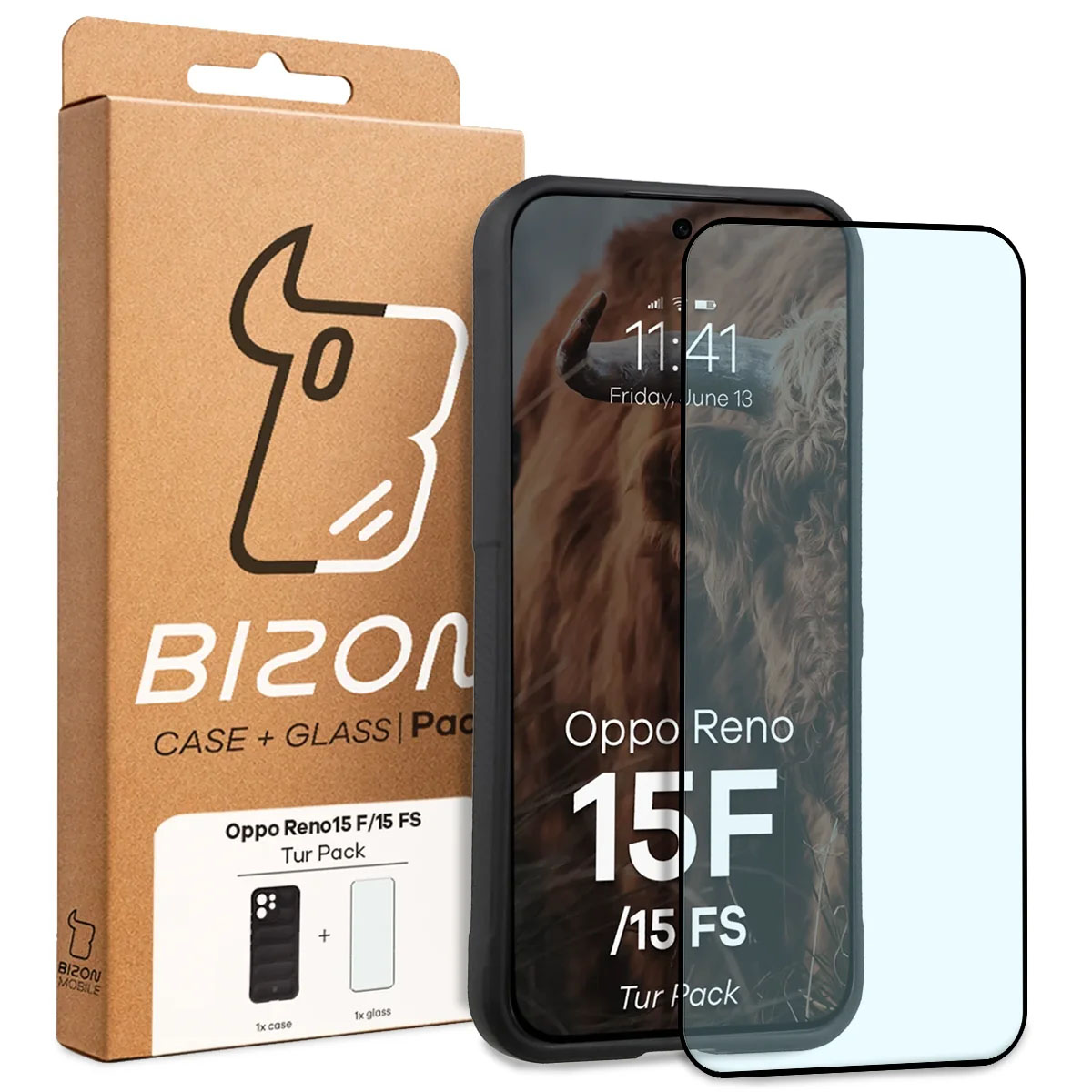Przód pudełka Bizon Tur Pack z dedykowaną etykietą do Oppo Reno 15 F / Oppo Reno 15 FS